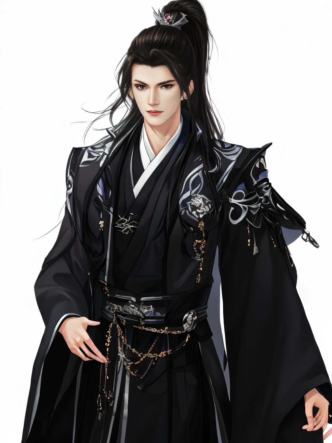 Best quality,tmasterpiece,the only person,very detailed wallpaper,1 domineering man,cabelos preto and longolackn clothes,Ranger,Detailed faces,Hua looked at the audience,Hanfu,超高分辨率, hair adornments, white backgrounid,correct hand,