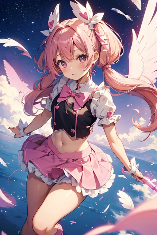 Cute Magical Girl,Half Twin Tail,Pink hair,Heart ribbon on the chest,cute heart shaped stick,kirakira,Flying in the sky,Flip fluffy mini skirt,pannier,A lot of feathers are flying
