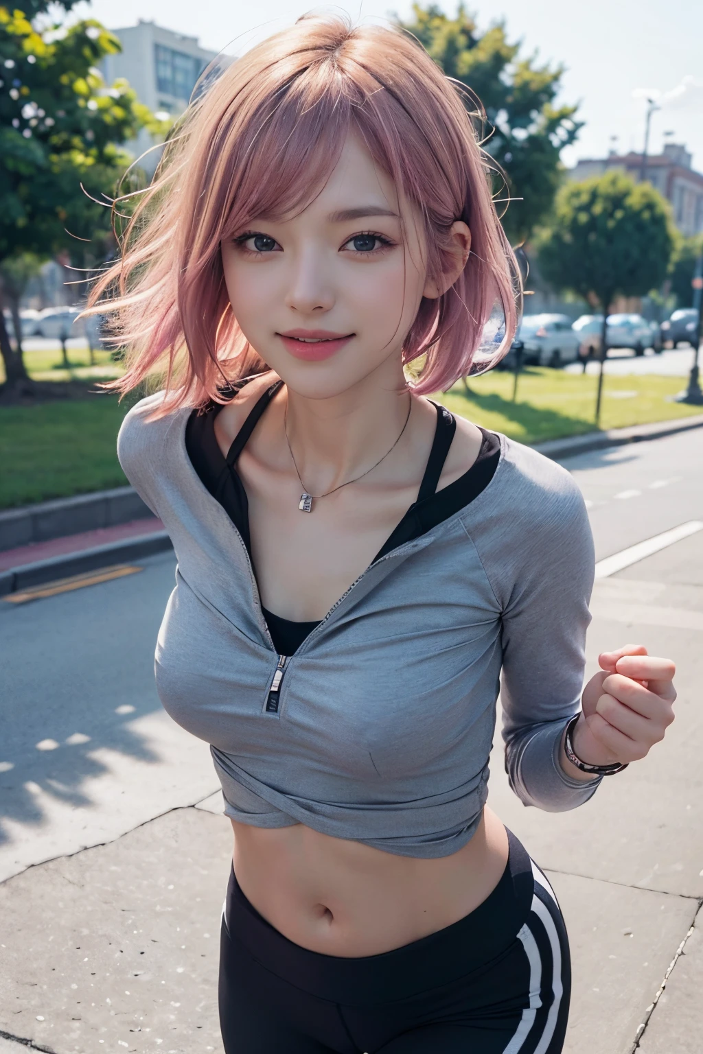 (8K, top-quality, masterpiece:1,2), (reallistic, Phot is orealsitic:1.37), Super Detail, One girl,), (Highly detailed), (beautifully detailed eyes), (of the highest quality), (super detailed ), (masterpiece), (Detailed face),20yr old, ,1 girl, full body, pink hair,Very short hair, medium breasts, clothed, Perfect Lighting,pussy and breast focus, looking at viewer, Park, running, ((tight running clothes, )), smile