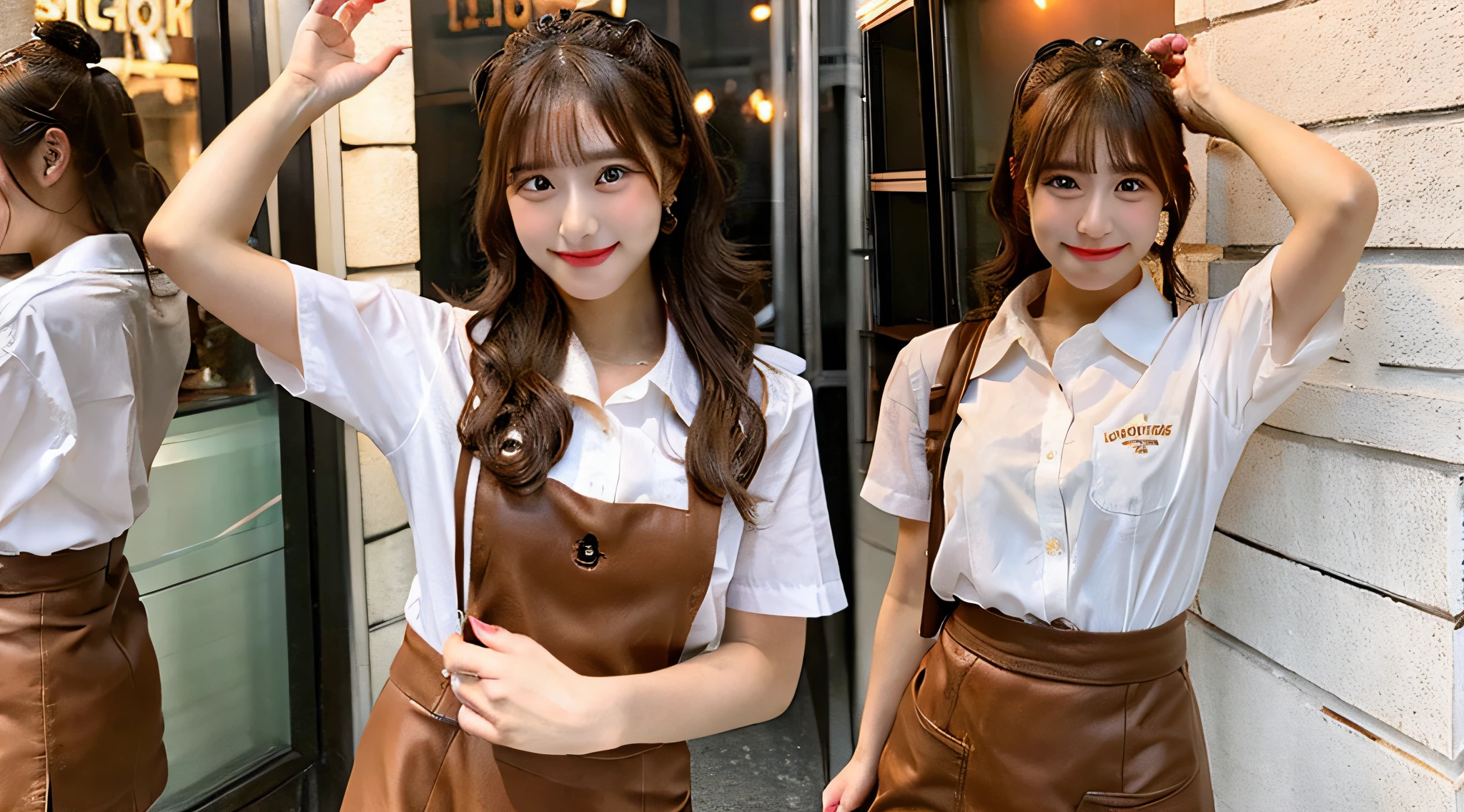 Cute waitress 18 years old wearing a brown miniskirt