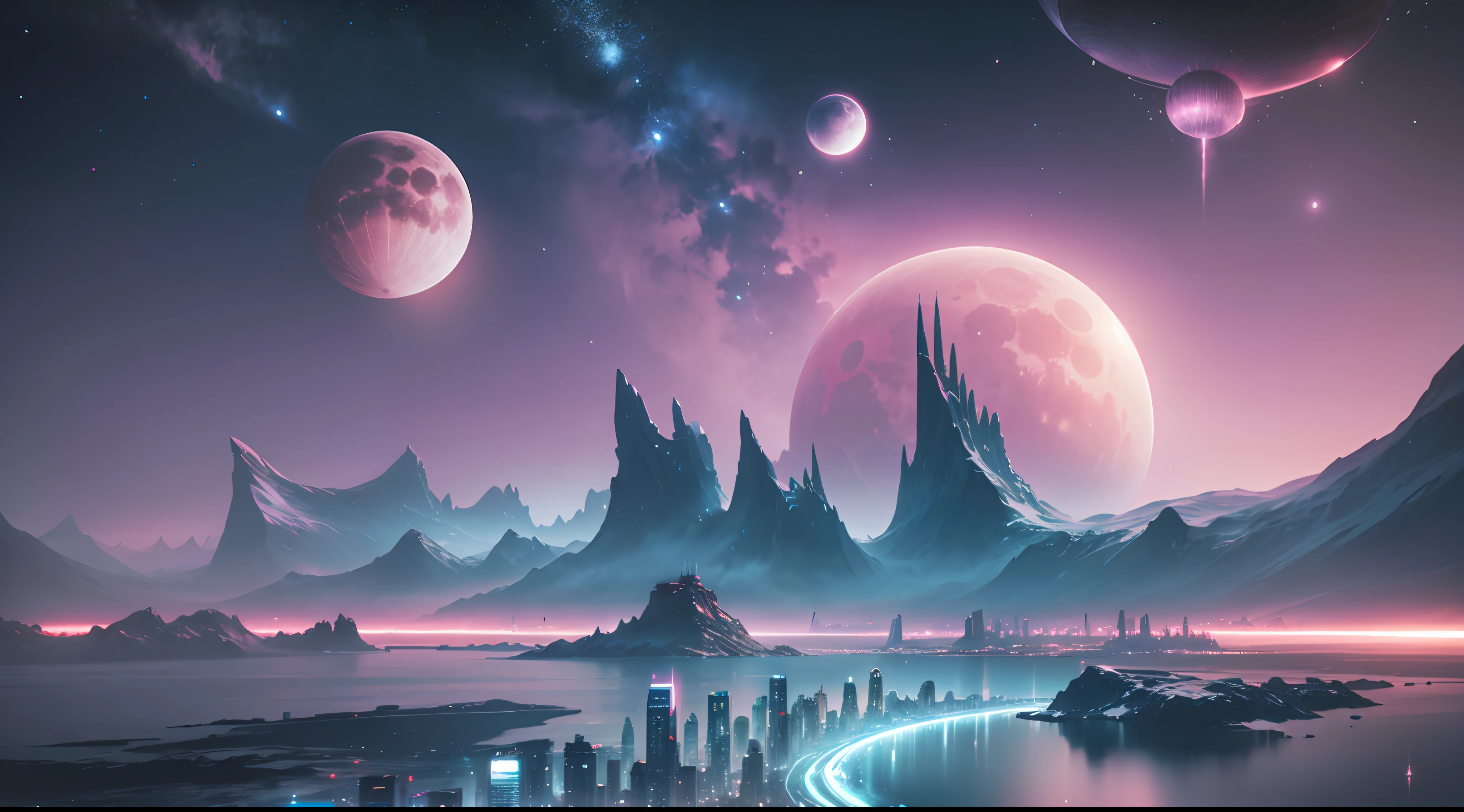 The city of the future, 24th century, atarctive, Mare, Milkyway Sky, Ethereal landscape, the space, planet in the sky, Pink Moon, gentlesoftlighting