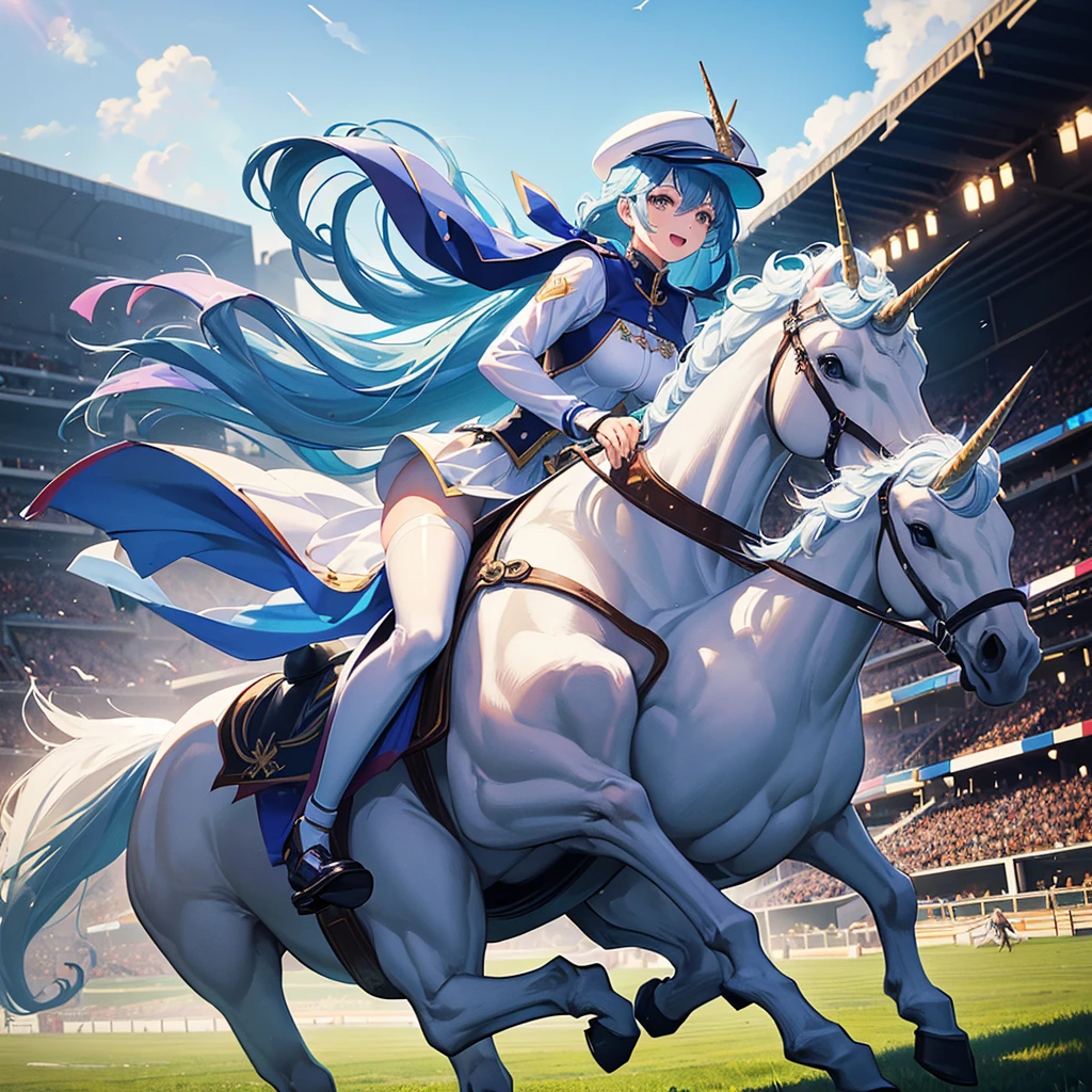 (young lady is Excited Fever Crazy atmosphere horse racing jockey with dark hait:1.2), full body, look of delight,
beautiful maidenhair rider,
(she is galloping on a White unicorn pegasus with sky blue hair:1.4),
(she wears Horse Rider's colorful Costume and Rider's cap:1.4),
Dynamic action horse riding,
Turf Course at the Racecourse in full swing,
Lots of spectators, (Gale speed and Turf Effects)