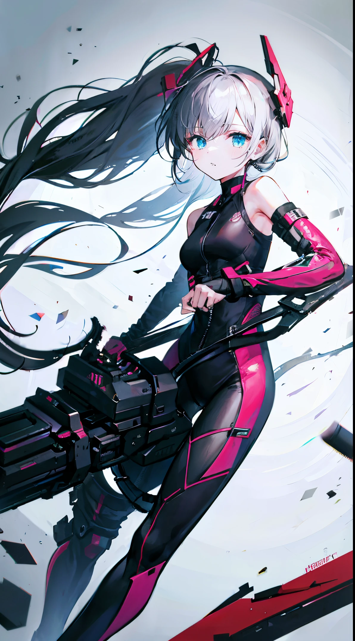 Upper part of the body,long hair girl,without background,carry modern weapons,Torn clothes,tightsuit