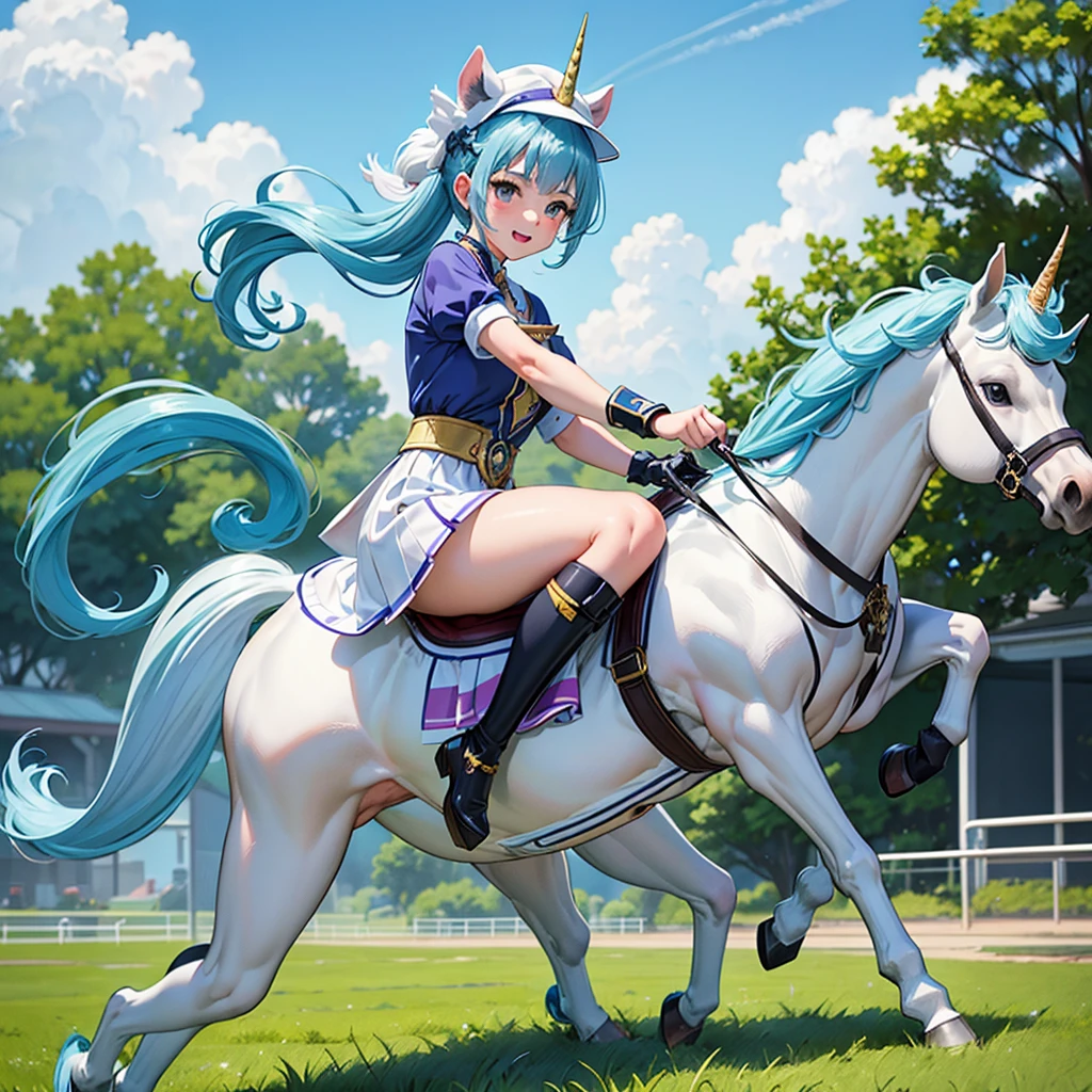 (young lady is Excited Fever Crazy atmosphere horse racing jockey with dark hait:1.2), full body, look of delight,
beautiful maidenhair rider,
(she is galloping on a White unicorn pegasus with sky blue hair:1.4),
(she wears Horse Rider's colorful Costume and Rider's cap:1.4),
Dynamic action horse riding,
Turf Course at the Racecourse in full swing,
Lots of spectators, (Gale speed and Turf Effects)