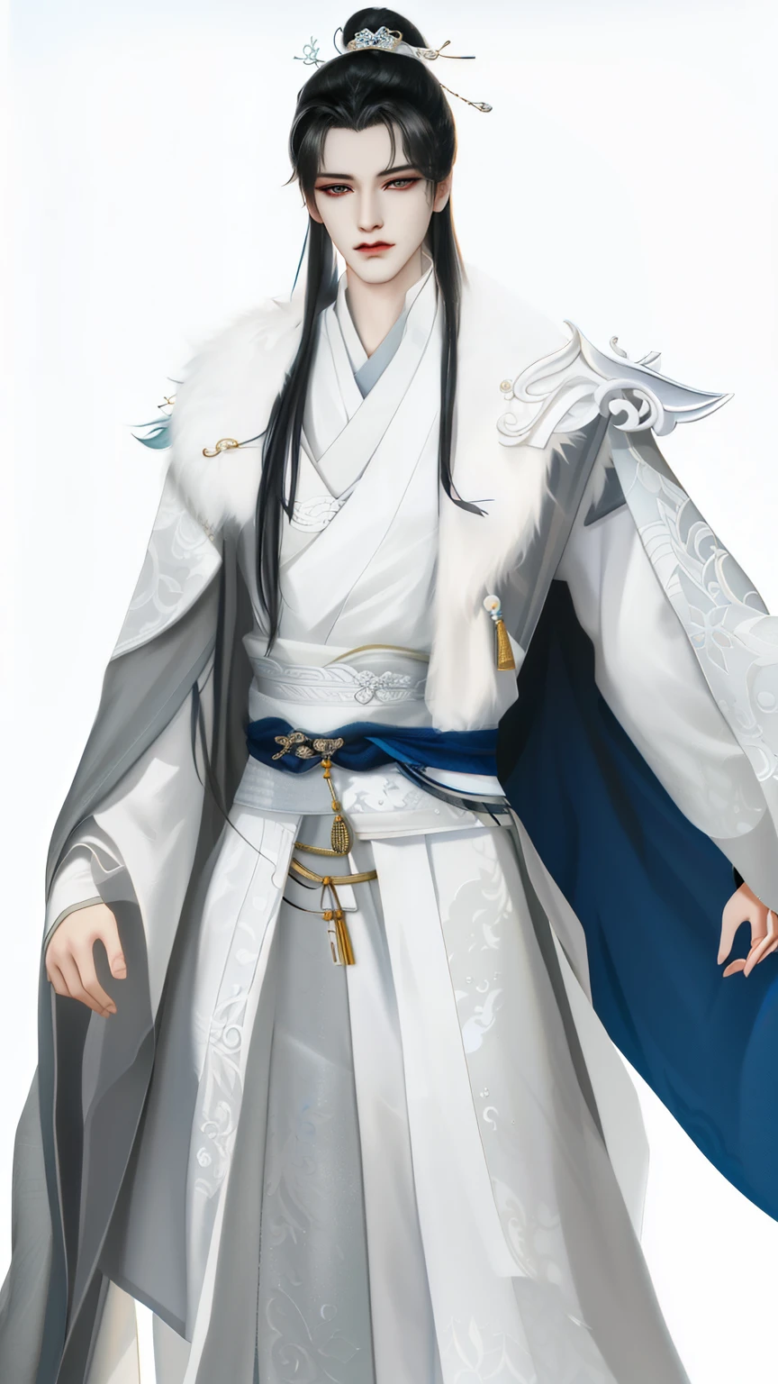 Wallpaper of a man wearing white and gray clothes, heise jinyao, inspired by Guan Daosheng, Inspired by Bian Shoumin, Beautiful prince, inspired by Zhang Han, The exquisite prince, inspired by Wu Bin, full body xianxia, author:heroes, zhao yun, inspired by Zhao Yuan,Gray mink collar,Eye focus,sharp look,white backgrounid,