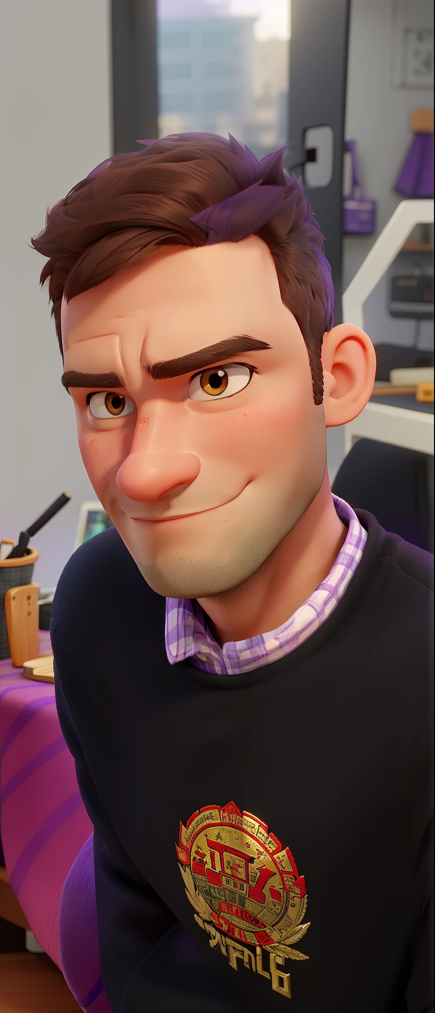 man, from the front, pixer style, with purple background