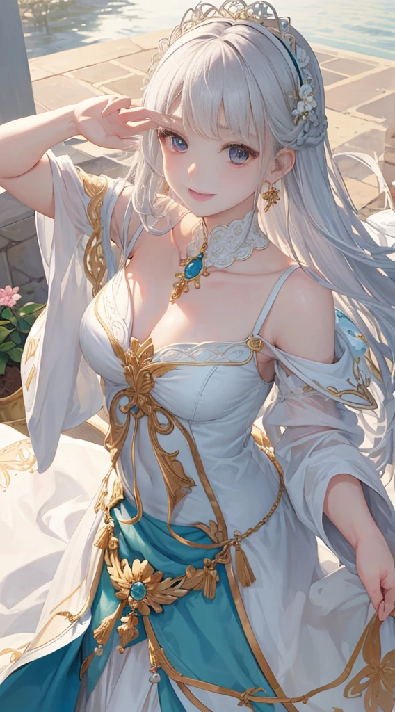 masterpiece、top-quality、(((Good anatomy)))、(extremely delicate and beautiful:1.2)、8K分辨率、(best_quality:1.0)、
女の子1人、(From diagonally above:1.2)、
Intricate details、Enlarged texture、
intricate-detail、grin、A detailed face、
intricate detailes、white hair、braid from the bottom、feather、plump lips、flower shaped earrings、
perfect eyes、Equal eyes、Warm eyes、goddes、Gentle gaze, Perfect body、ighly detailed、Wearing a beautiful dress、A Princess、Thrust your arms forward、morning fresh air、balconies、a little bird rides