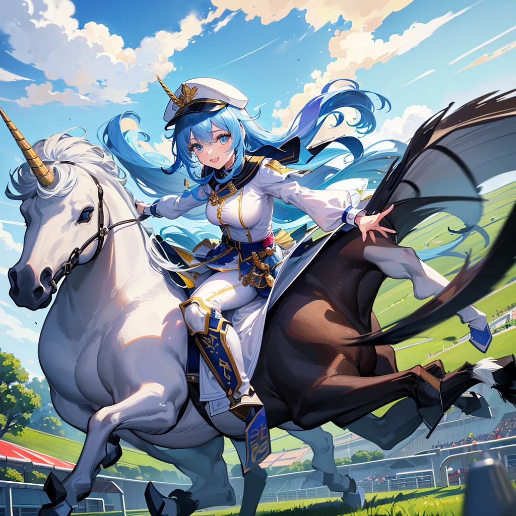 (young lady is Excited Fever Crazy atmosphere horse racing jockey with dark hait:1.2), full body, look of delight,
beautiful maidenhair rider,
(she is galloping on a White unicorn pegasus with sky blue hair:1.4),
(she wears Horse Rider's colorful Costume and Rider's cap:1.4),
Dynamic action horse riding,
Turf Course at the Racecourse in full swing,
Lots of spectators, (Gale speed and Turf Effects)