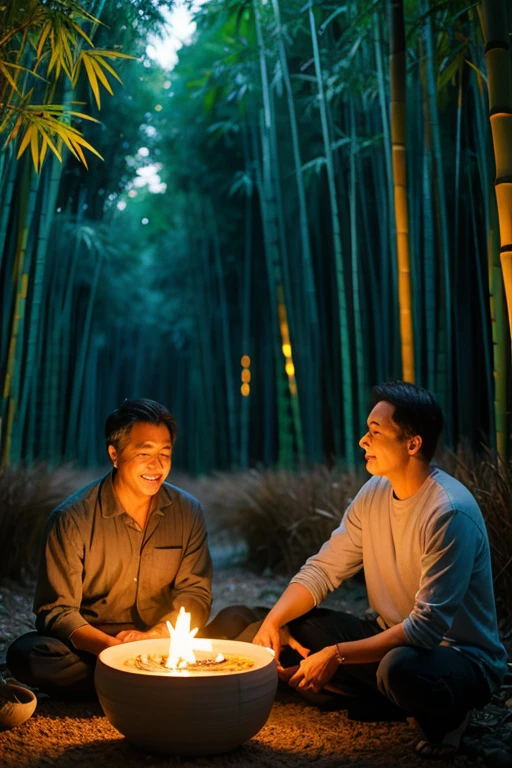 two men hugging each other、40 years old、male、Japanese、full-naked、open legs、spread legs、smile、bamboo forest
