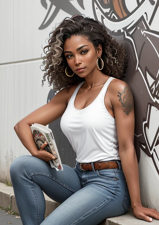 Be a comic book artist and draw a girl with dark skin, Position Seated position, Entire body visible, with curly hair, brown eyes, thin lips, with a tattoo, small ears, thin body, full length, standing, her personality is introverted, calm behavior, her facial expression is serious, her typical gesture is to cross her arms, she likes to wear light colors, she likes to read and exercise, she doesn't open up to people, she is always suspicious of everyone, she is in front of a graffiti wall, it's a cloudy day and there are no people in the seine. She wears a casual style of clothing, a white tank top and jeans, running shoes, she does not wear earrings or other adornments, Experimentation with different combinations of details, tweaking as needed to maintain consistency across generations. Art painted by Terese Nielsen, her husband Cliff Nielsen and Chris Moeller.
