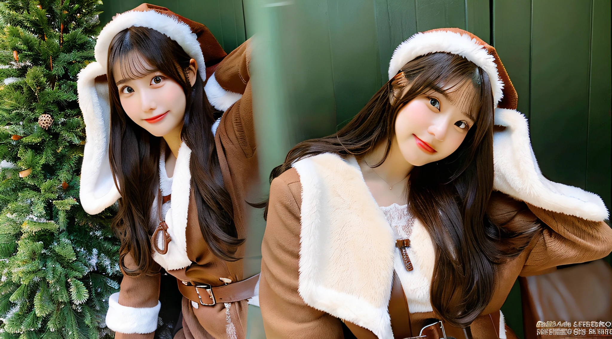 Cute female Santa Claus 18 years old wearing a brown miniskirt