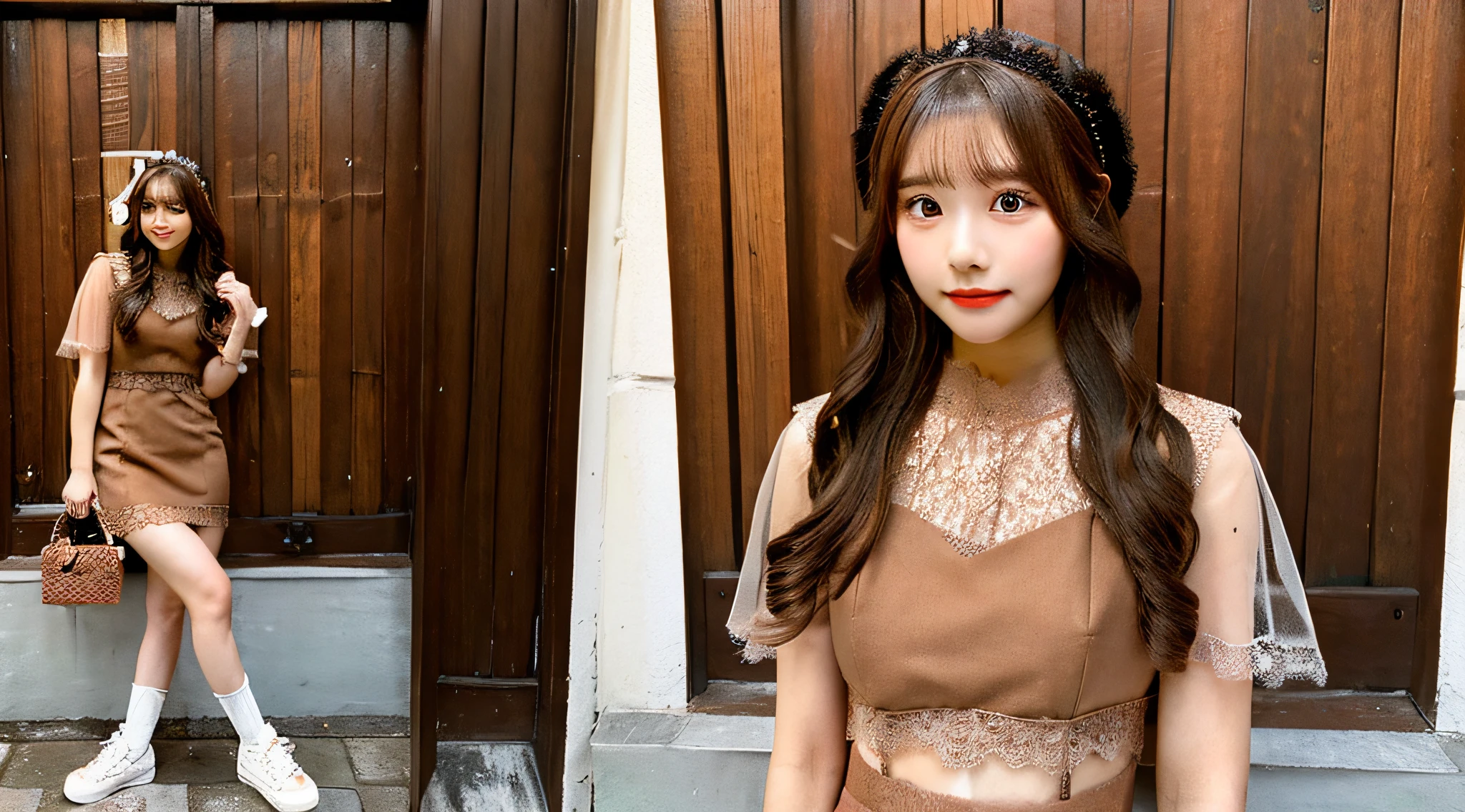 A cute lace queen 18 years old wearing a brown miniskirt