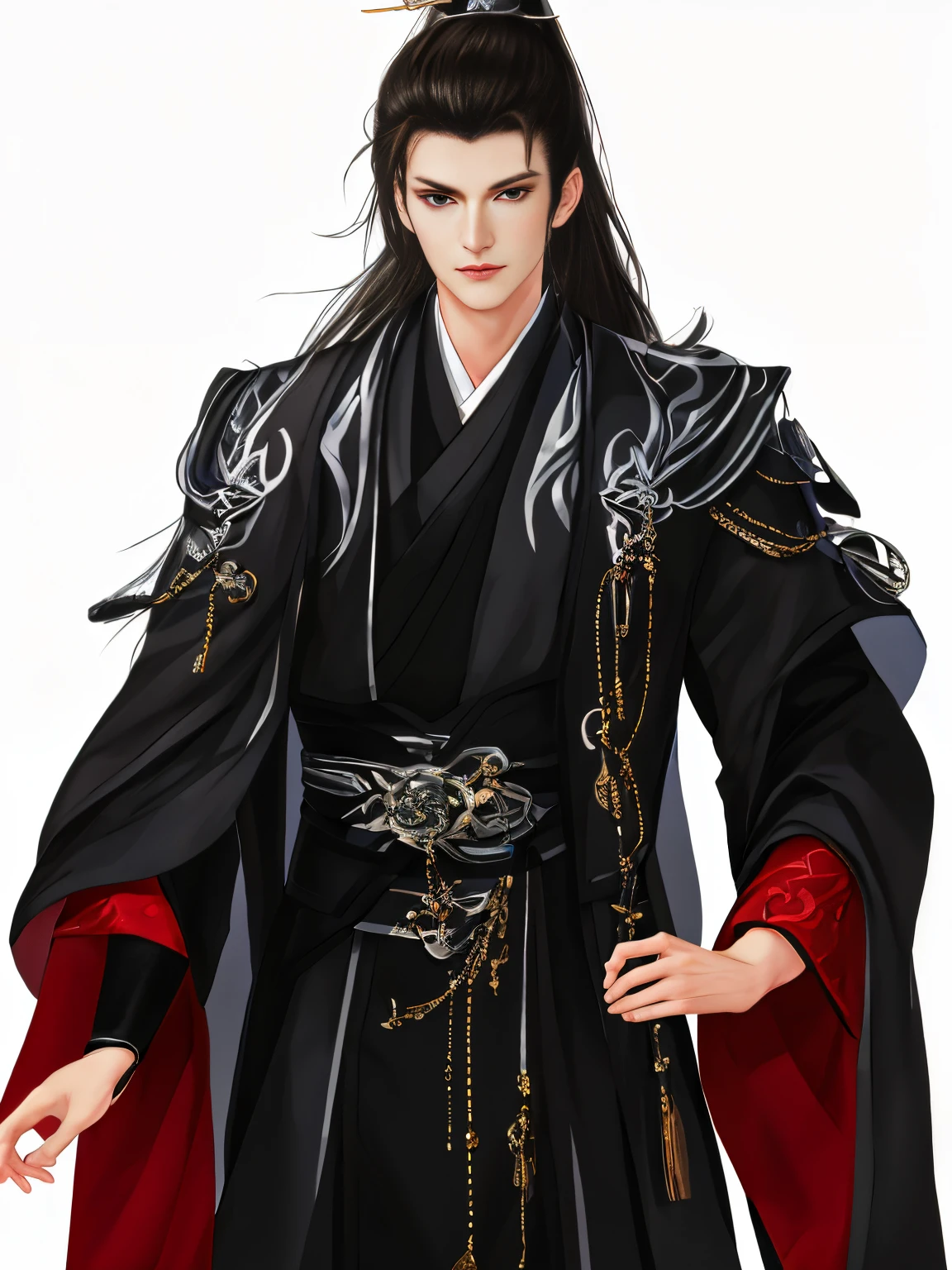 Best quality at best,tmasterpiece,very detailed wallpaper,1 domineering man,cabelos preto and longolackn clothes,Ranger,Detailed faces,Hua looked at the audience,Hanfu,超高分辨率, hair adornments, white backgrounid,correct hand,Fixed hands