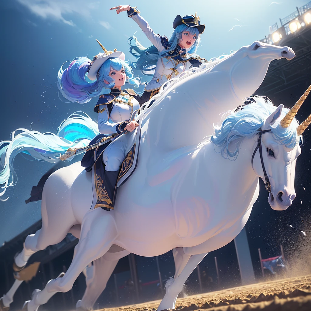 (young lady is Excited Fever Crazy atmosphere horse racing jockey with dark hait:1.2), full body, look of delight,
beautiful maidenhair rider,
(she is galloping on a White unicorn pegasus with sky blue hair:1.4),
(she wears Horse Rider's colorful Costume and Rider's cap:1.4),
Dynamic action horse riding,
Lots of spectators, (Gale speed and Turf Effects)