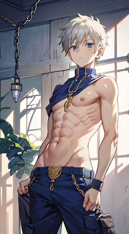 (Best Quality, High resolution:1.2), 2 characters, Handsome face, detailed facial features, white hair, extremely short hairstyle:1), blue eyes, Fair and glowing skin, muscular, masculine, 18 years old, Wearing baggy cargo pants, wristbands, Restrained by chain, toppless,shirtless, full-body view, Wide angle shot, Bound, Tied up, slaves and guards, humiliation, Strict rules,Bondage, Tied up, Slave,fullnude,BDSM,Triangular wooden horse