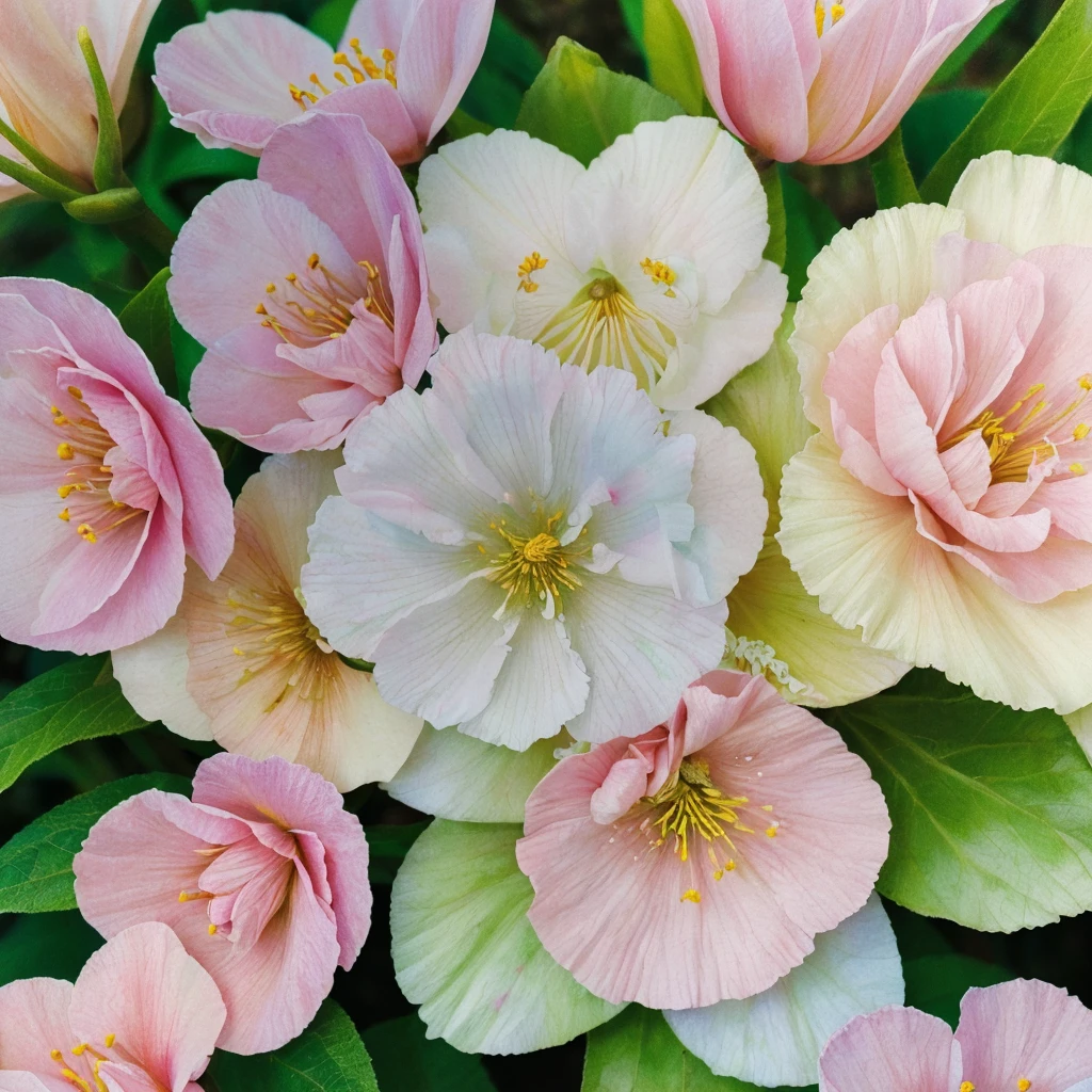 (blooming flowers, vibrant colors, detailed petals, botanical illustration, spring garden, soft sunlight, close-up view, high resolution, vivid color palette, delicate blossoms, romantic atmosphere, fresh scent, natural beauty, fine art painting, realistic details, floral arrangement, pastel tones, elegant composition, gentle breeze, flourishing nature, mesmerizing blooms, dreamy ambiance, artistic interpretation)