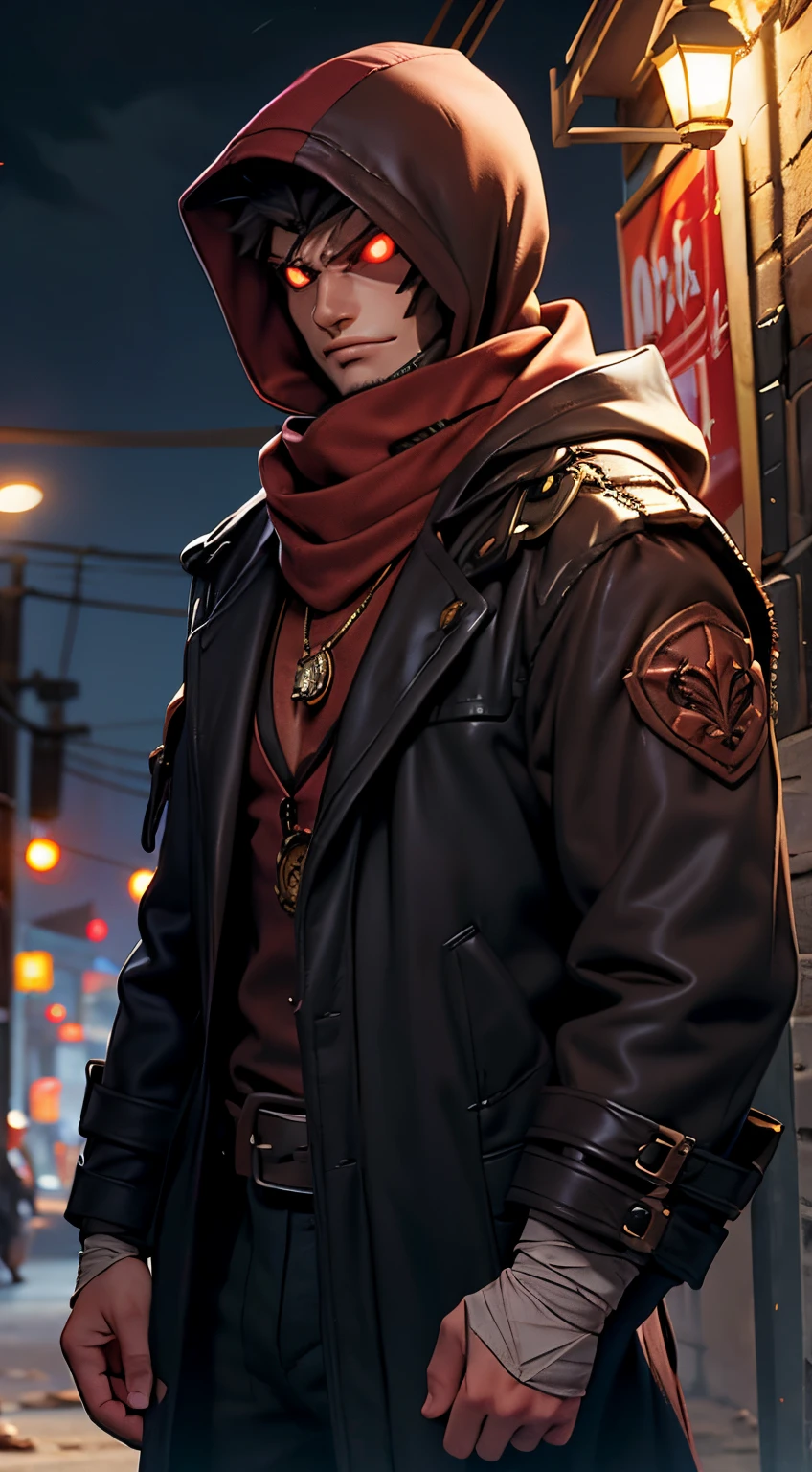 nijistyle, cowboy shot of demon hunter, hood up, faceless, glowing red eyes, torn brown coat, pauldrons, black vest, red scarf, bandages, pendant, fantasy, night, dark atmosphere