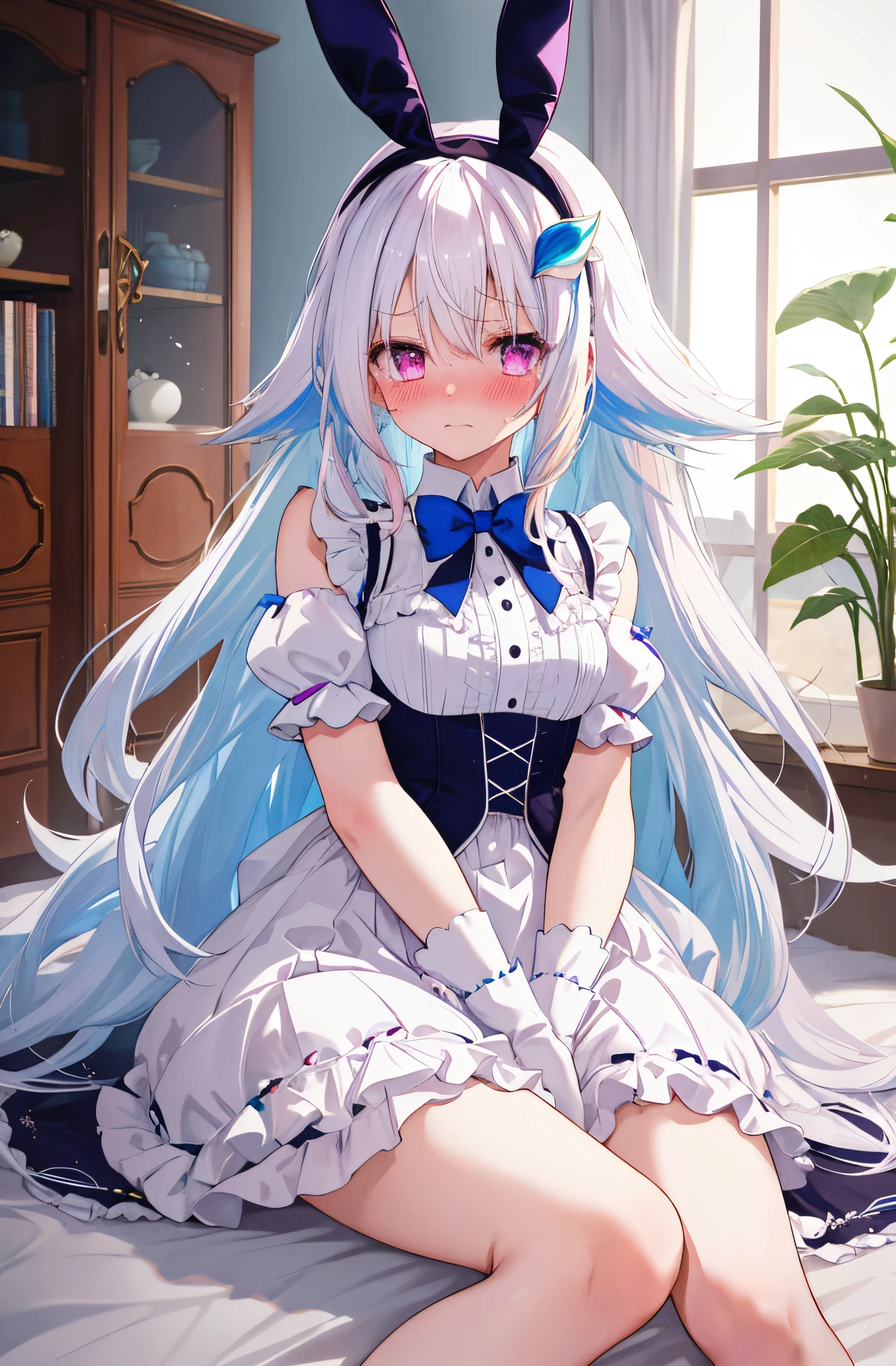 One girl with long hair, white hair, (blue inner hair:1.25) , purple eyes, looking at viewer, blushing, embarrassed, tears, (embarrassed:1.2), ****ta dress, indoor, pink bedroom, bunny headband, slim, dizzy, mid-chest, wide hips, perfect waist, day atmosphere, hair ornament, bare legs, sitting, kneeling pose