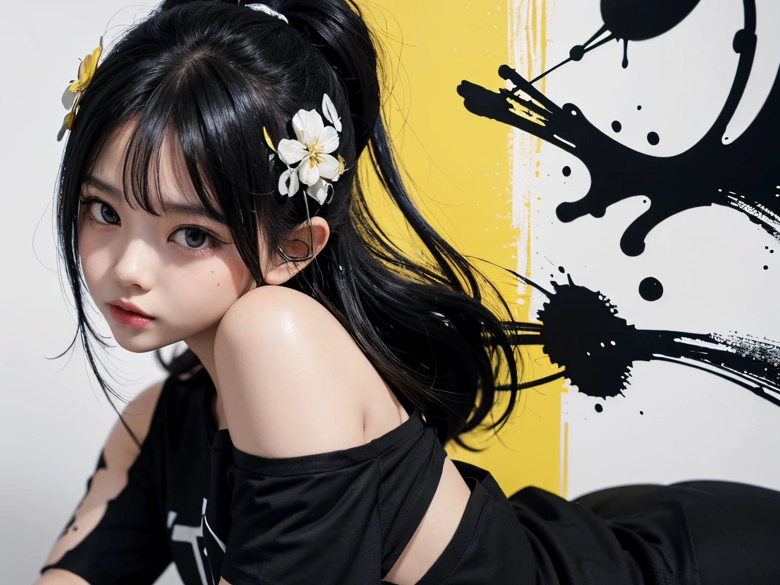 water paint art, ink drop, many color ink drop, yellow ink drop, black ink drop, high detailed line art, dancing kids, chibi style, super deformed, black t shirt, plain t shirt, high detailed body, amazingly fine detail, highest quality, big file size, high detailed, masterpiece,