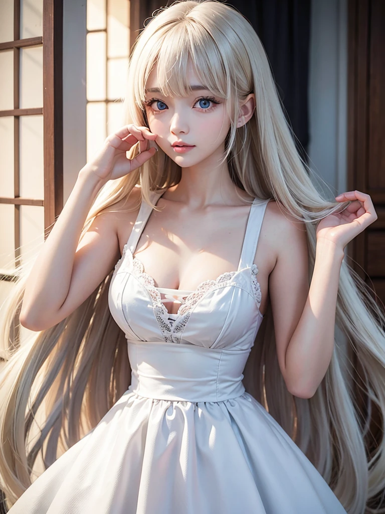 bright expression、photorealisim、top-quality、超A high resolution、a picture、Photo of an exquisitely beautiful Nordic-born girl、Extraordinary beautiful girl、Detailed cute and beautiful face、(pureerosface_v1:0.008)、Beautiful bangs、alice in the wonderland、18year old、Glowing white shiny skin、facial hairs、Bangs that extend to the face、Bangs between the eyes、Super long hair、Attractive light and dark platinum blonde super long straight silky hair、finer hair、Attractive glowing beautiful bright clear light blue big eyes、White Apron、Yellow dress、eye liner、Double eyelids、Lush bust