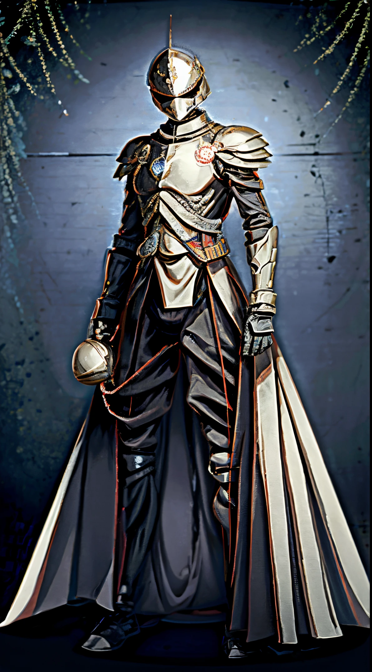 full body depiction、Black reinforced armored suit for troops with complex patterns、Helmet that covers the head and face、Com protetor facial completo、armadura completa、armadura de rosto completo、Assault rifle style gun glasses