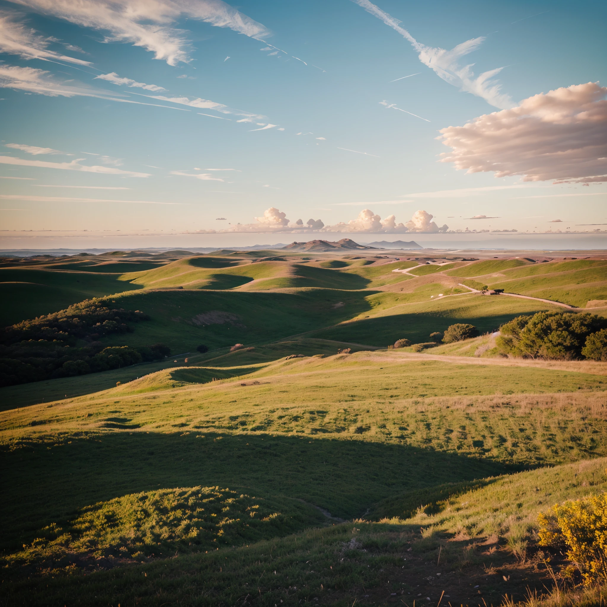 Distant horizons: A breathtaking view of seemingly endless landscapes merging seamlessly with the expanse of the sky on the distant horizon. This awe-inspiring image, reminiscent of a vividly painted canvas, captures the essence of tranquility and vastness. The vibrant hues of orange, pink, and golden-yellow paint a mesmerizing picture of nature's beauty. Each brushstroke meticulously articulates the serene ambiance of the scene, invoking a sense of peacefulness and wonder.
