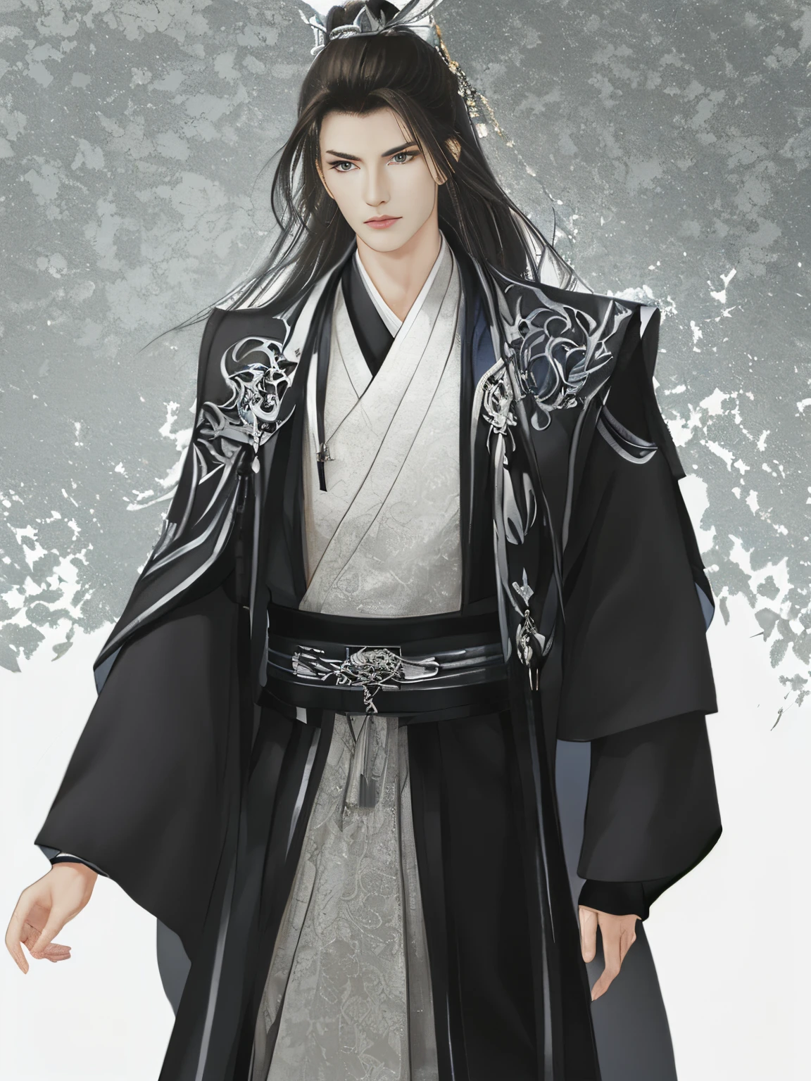 Best quality at best,tmasterpiece,solo person,very detailed wallpaper,1 domineering man,cabelos preto and longolackn clothes,Ranger,Detailed faces,Hua looked at the audience,Hanfu,超高分辨率, hair adornments, white backgrounid,correct hand,