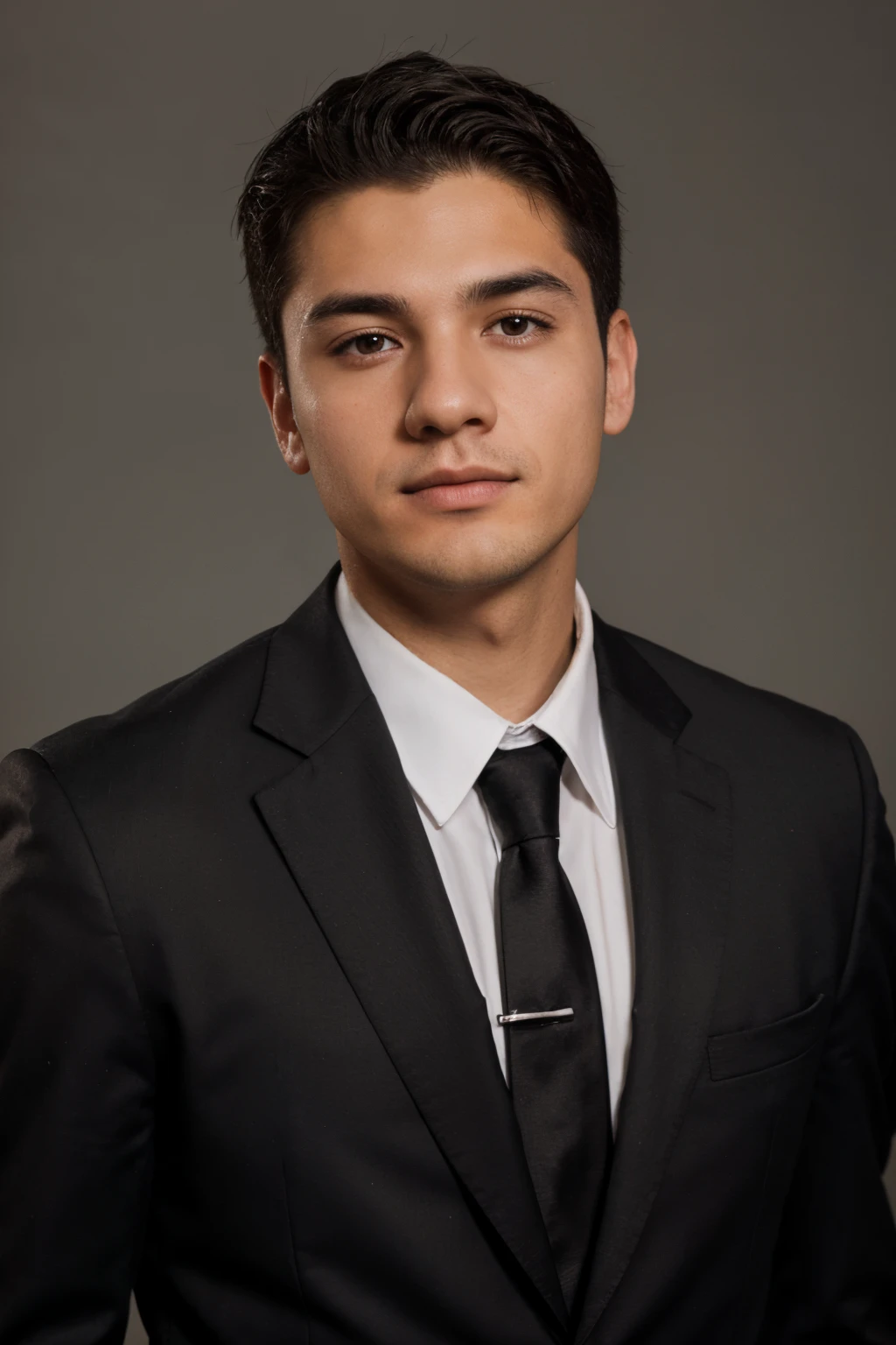 professional headshot of a young mexican white guy wearing a full black suit