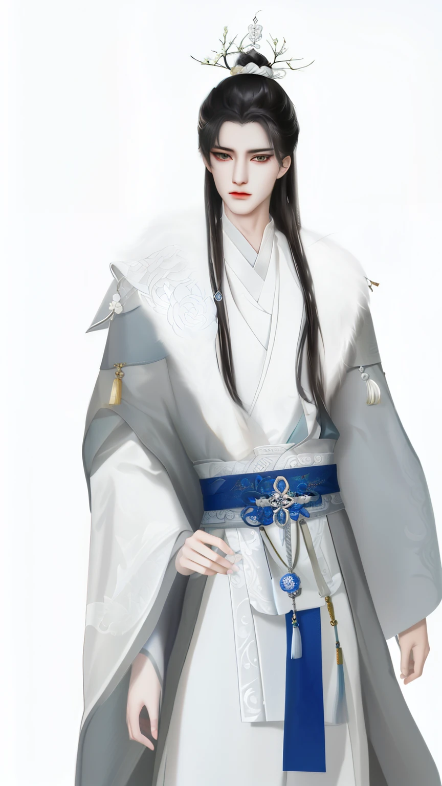 Wallpaper of a man wearing white and gray clothes, heise jinyao, inspired by Guan Daosheng, Inspired by Bian Shoumin, Beautiful prince, inspired by Zhang Han, The exquisite prince, inspired by Wu Bin, full body xianxia, author:heroes, zhao yun, inspired by Zhao Yuan,Gray mink collar,Eye focus,sharp look,white backgrounid,