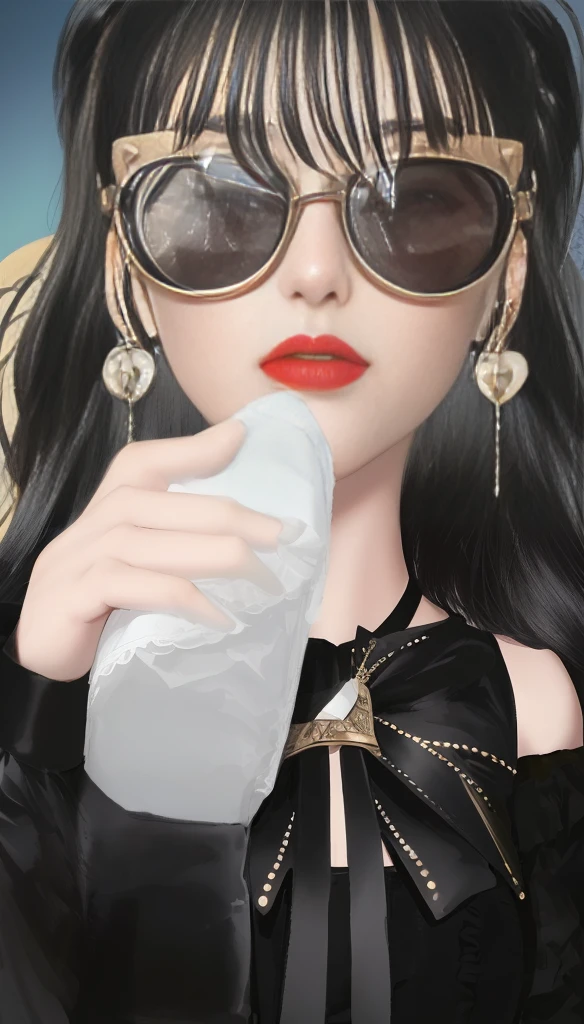 there is a woman with sunglasses and a black dress posing for a picture, wearing victorian dark goggles, wearing dark victorian goggles, imvu, inspired by Sim Sa-jeong, second life avatar, !!wearing modern glasses!!, wearing victorian goggles, wearing glack glasses, portrait c 1 2. 0, portrait c 12.0, full body!! maximalist details