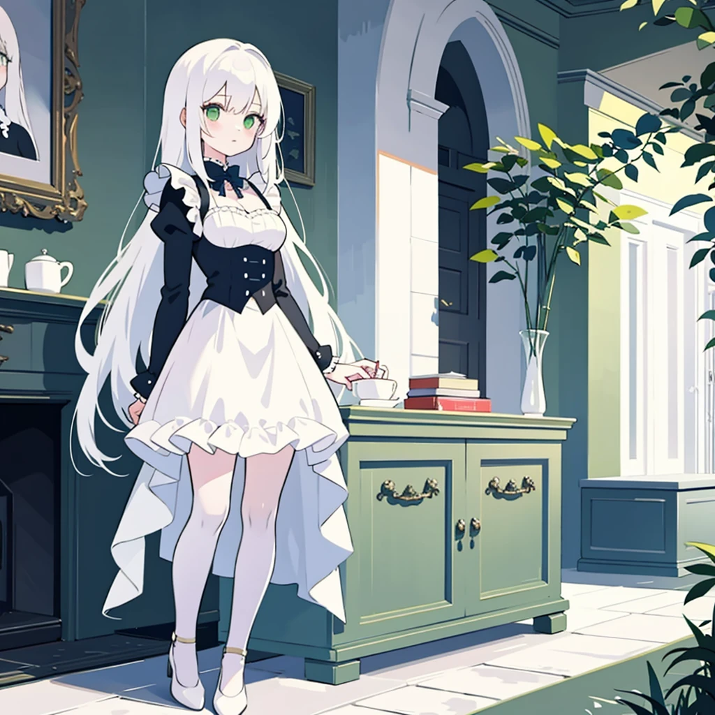 (masterpiece, top quality, best quality), pixel, pixel art, 1girl, full body, white hair, green eyes, blue maid dress
