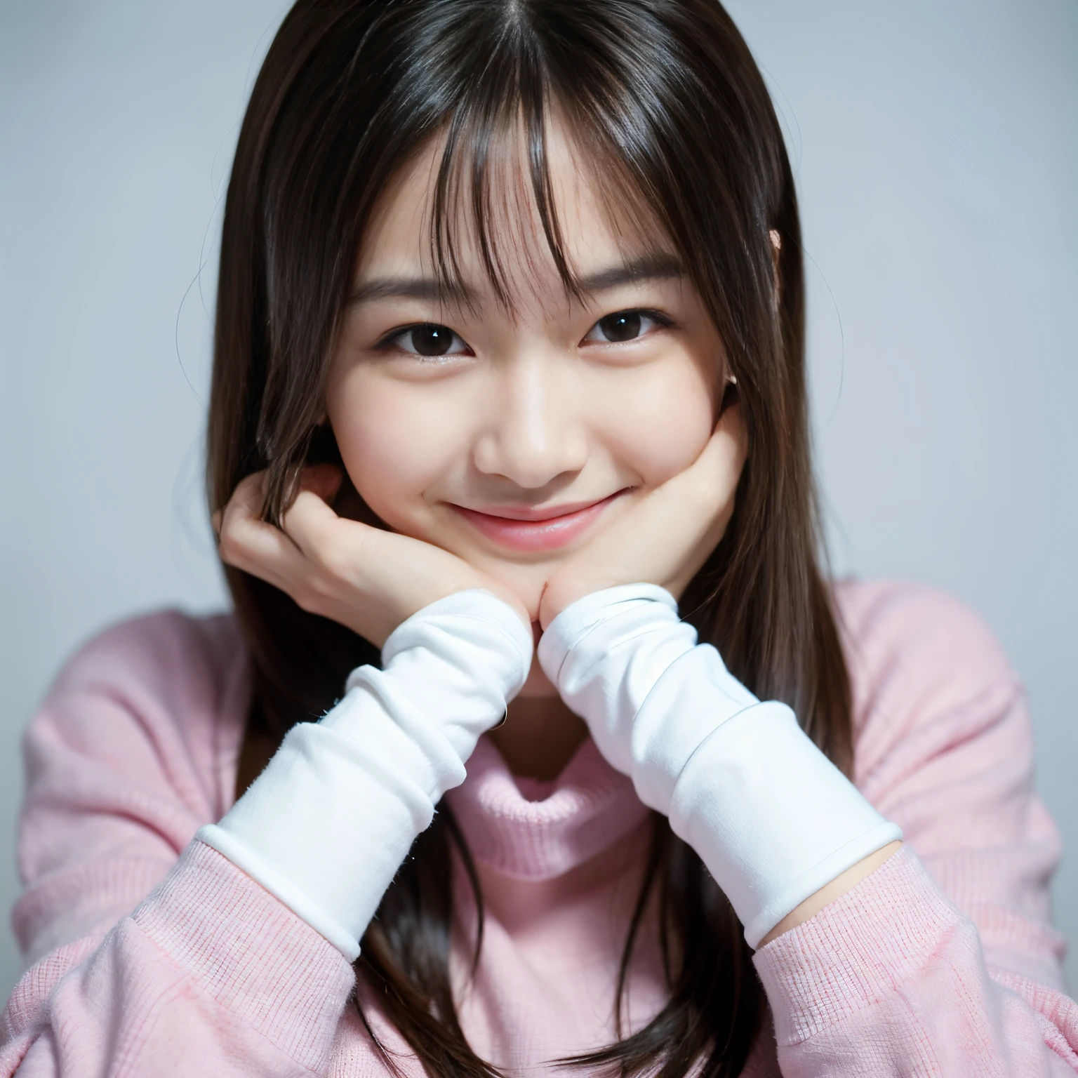 (cowbody shot), 1girl, (hands in shape of heart), smiling beautiful Japanese female nurse wearing fitted nurse dress, beautiful detailed face, Japanese woman, sitting, black hair, pale skin, realistic skin, detailed cloth texture, detailed hair texture, Perfect proportion, accurate, Anatomically correct, Highly detailed face and skin texture, modern hospital ward, photorealistic