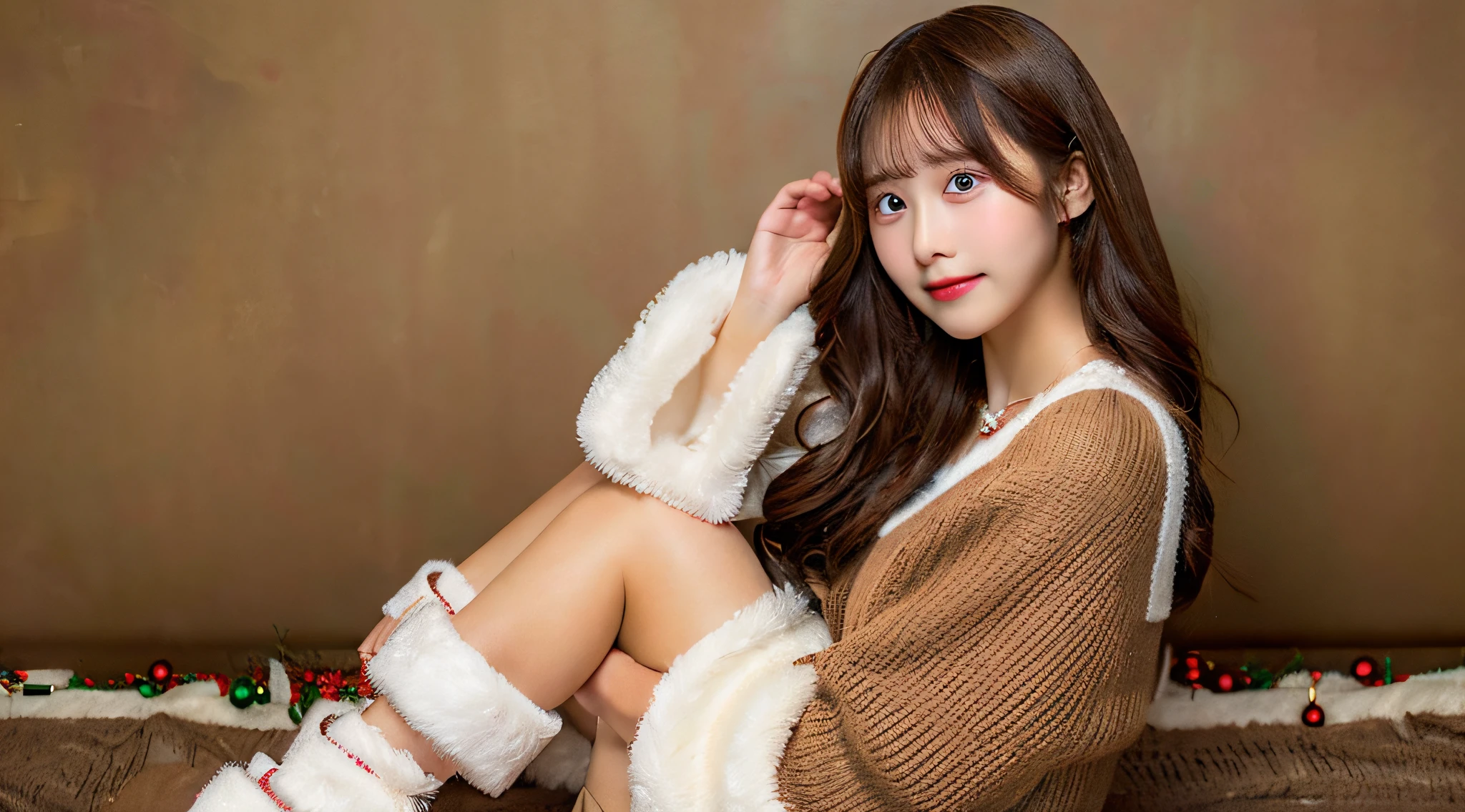 masutepiece, Best Quality, Illustration, Ultra-detailed, finely detail, hight resolution, 8K Wallpaper, Perfect dynamic composition, Beautiful detailed eyes, fluffy winter clothes,Medium Hair,small tits,Natural Color Lip, Bold sexy poses,Smile,Home()a room、20 years girl、Cute、Sexy shot looking at camera