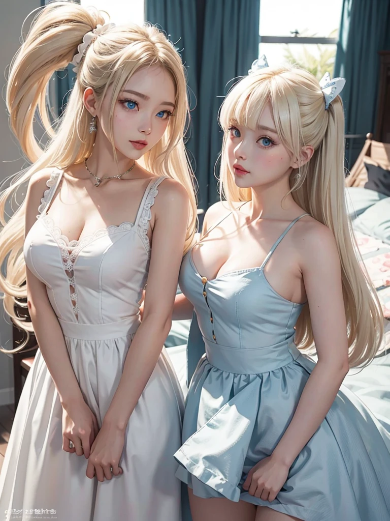 mignonne blonde,se touche entre les jambes, orgasme, Gravure idol, avec des pointes de cheveux aux couleurs de l'arc-en-ciel, rubans dans ses cheveux, femme de 18 ans, heureux, en queues jumelles, Des grands yeux symétriques parfaits, yeux bleus verts et pétillants, peau pâle, Peau lisse et soyeuse, debout sur un vaisseau spatial luxueux et sophistiqué, couloir futuriste, panneaux de contrôle, Garniture en bois, Plantes décoratives, Éclairage sombre et chaud, porter une robe de soirée futuriste, plissé (chemise) mini robe (couleurs pastel de l'arc-en-ciel, et des pois), porter des collants sur tout le corps, jolies bottines courtes.