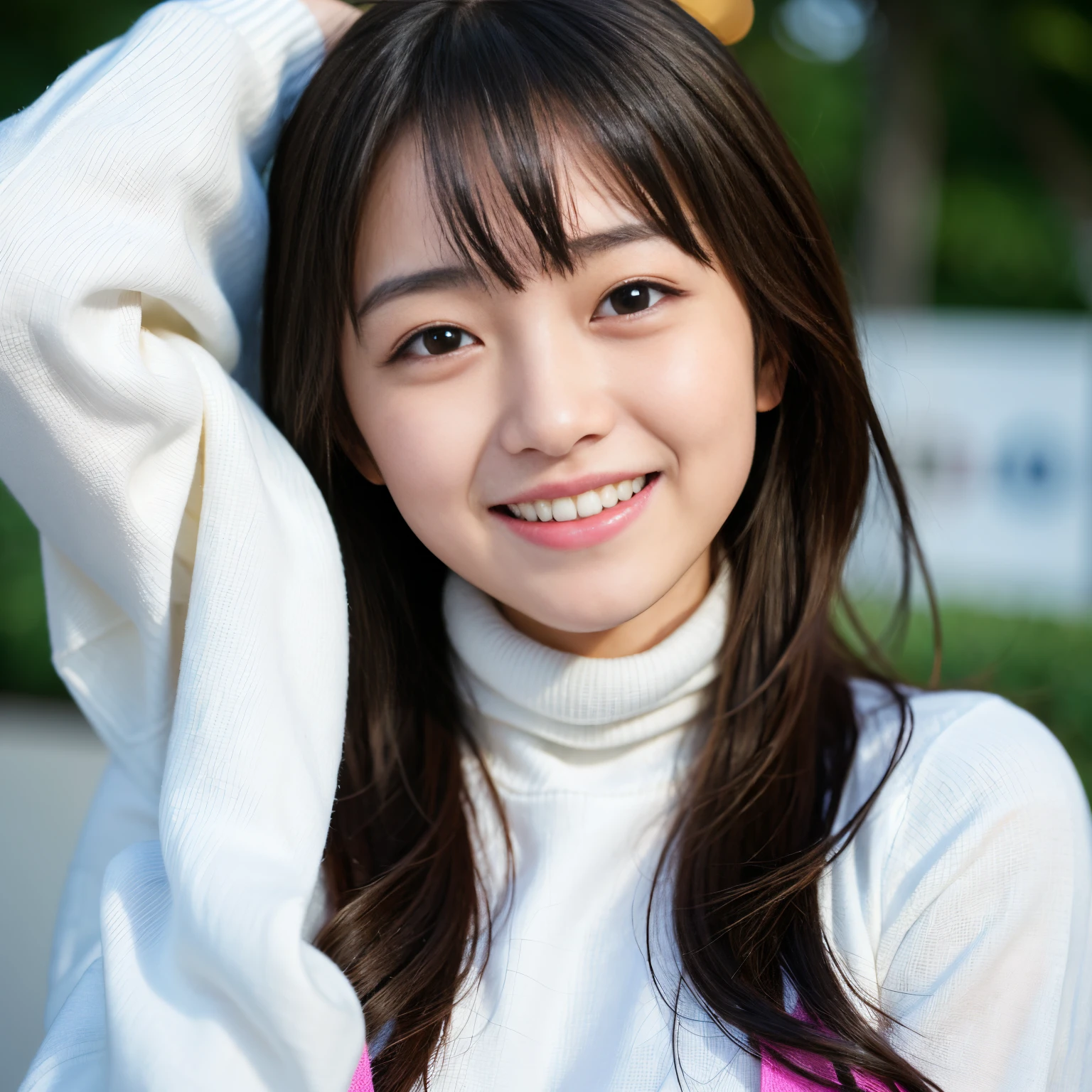 Best-quality, Masterpiece, Ultra-High-Resolution, (Photorealistic:1.4), Raw-Photo, Extremely-Details, Perfect-Anatomy, 1girl, 18-years-old, the most popular Japanese idol, at hospital, grinning, ((her right hand completely covered by white medical bandages)), wearing pink turtleneck long-sleeve sweater, extremely cute grinning face, extremely beautiful big black solid circle eyes, extremely beautiful hair, extremely beautiful white skins, portrait, detailed cute grinning face, detailed hospital