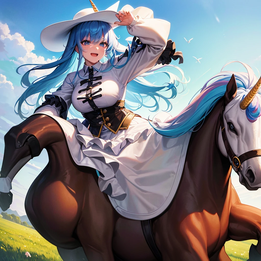 A young woman is exhilarated and in a feverish state, wearing a black hat with a crazy vibe of a horse jockey. (best quality, 4k, 8k, highres, masterpiece: 1.2), full-body, joyful expression, (She is riding a white unicorn pegasus with sky-blue hair: 1.4), (She is wearing a colorful horse rider costume and a rider's hat: 1.4), dynamic action horseback riding, a crowd of spectators, (strong wind speed and grass effects).
