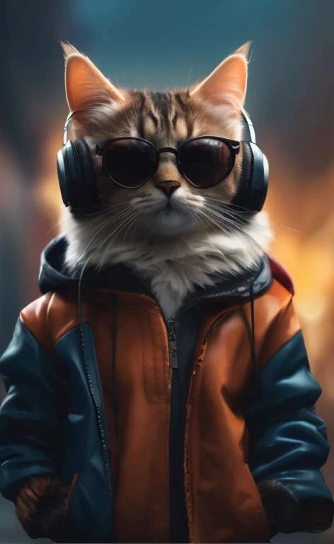 husband wearing sunglasses、jaket、Hoodie and headphones, Looks cool and stylish, Beast in fashionable clothes, cyberpunk cat, great cat, furry artist, Wearing cat ear headphones, High-quality portraits, Furry cat, high-quality wallpaper, lofi portrait, Human cats, Portrait shooting, Portrait of a furry person, Everyday attire,16K resolution