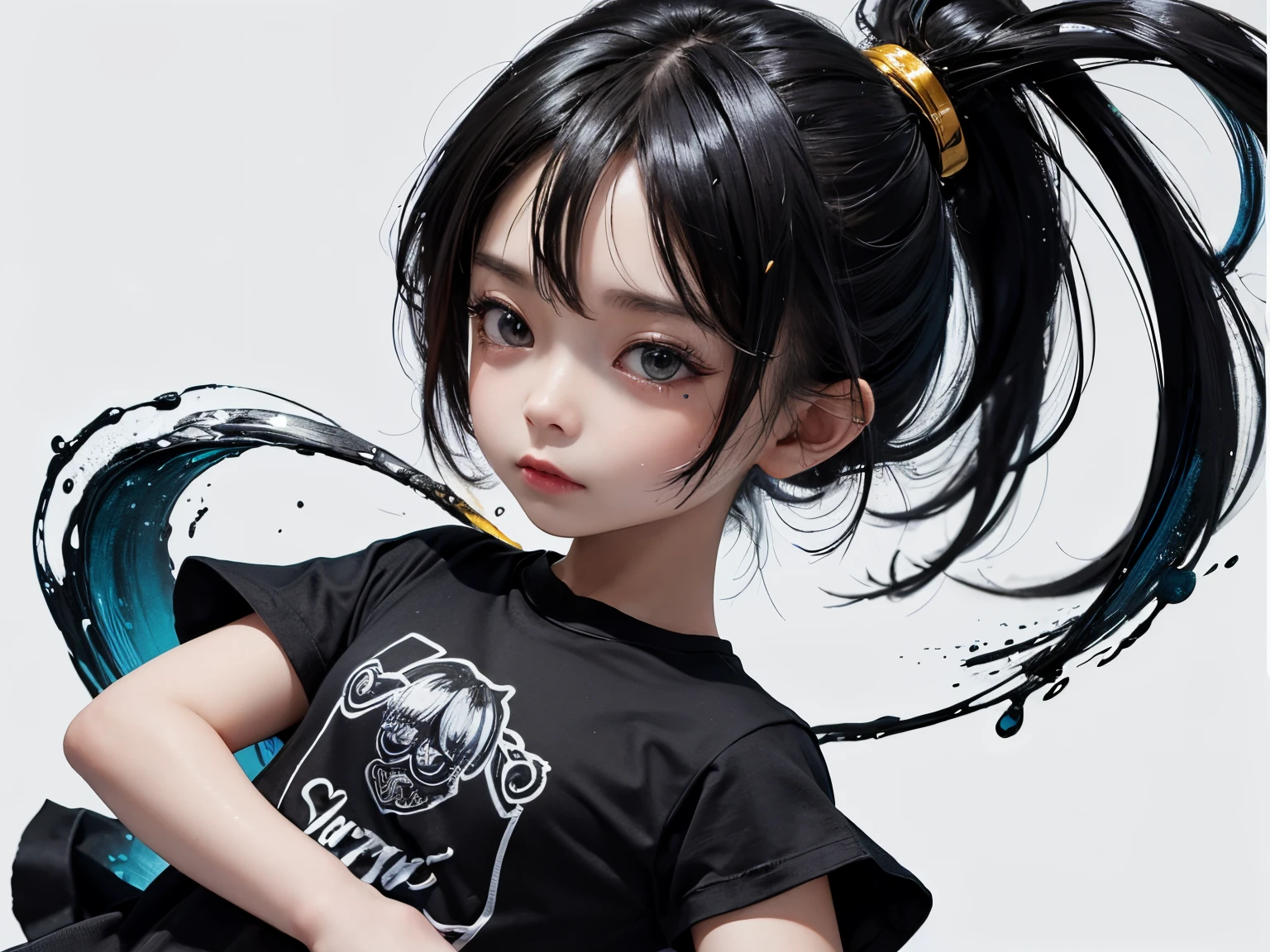 water paint art, ink drop, many color ink drop, yellow ink drop, black ink drop, high detailed line art, dancing kids, chibi style, super deformed, black t shirt, plain t shirt, high detailed body, amazingly fine detail, highest quality, big file size, high detailed, masterpiece,