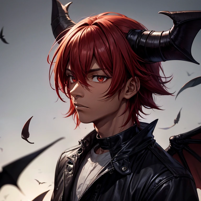 Older Male , Red Hair, Dark Skin, Black horns, Brown Bat Wings, Black eyes, Alone , Dark clothing