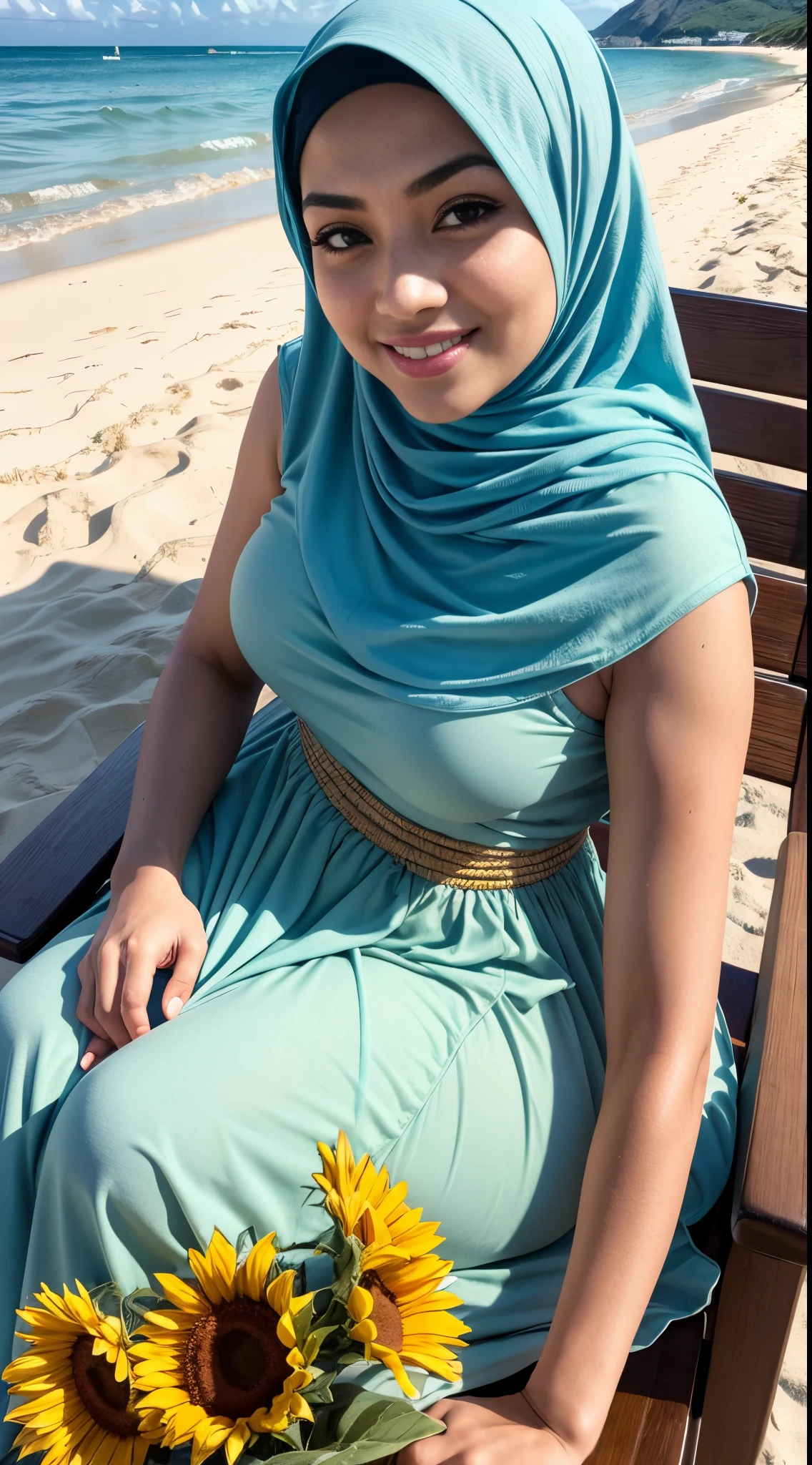 RAW, Best quality, high resolution, masterpiece: 1.3, beautiful Malay woman in hijab, big breasts, (Close up), beautiful face, perfect body, beautiful big eyes, smiling, woman sitting on a chair on the beach with sunflower dress, wearing a fisher 🧥, sitting at the beach, long skirt, casual pose, relaxed pose, on beach, at the sea, sitting on the beach, in the beach