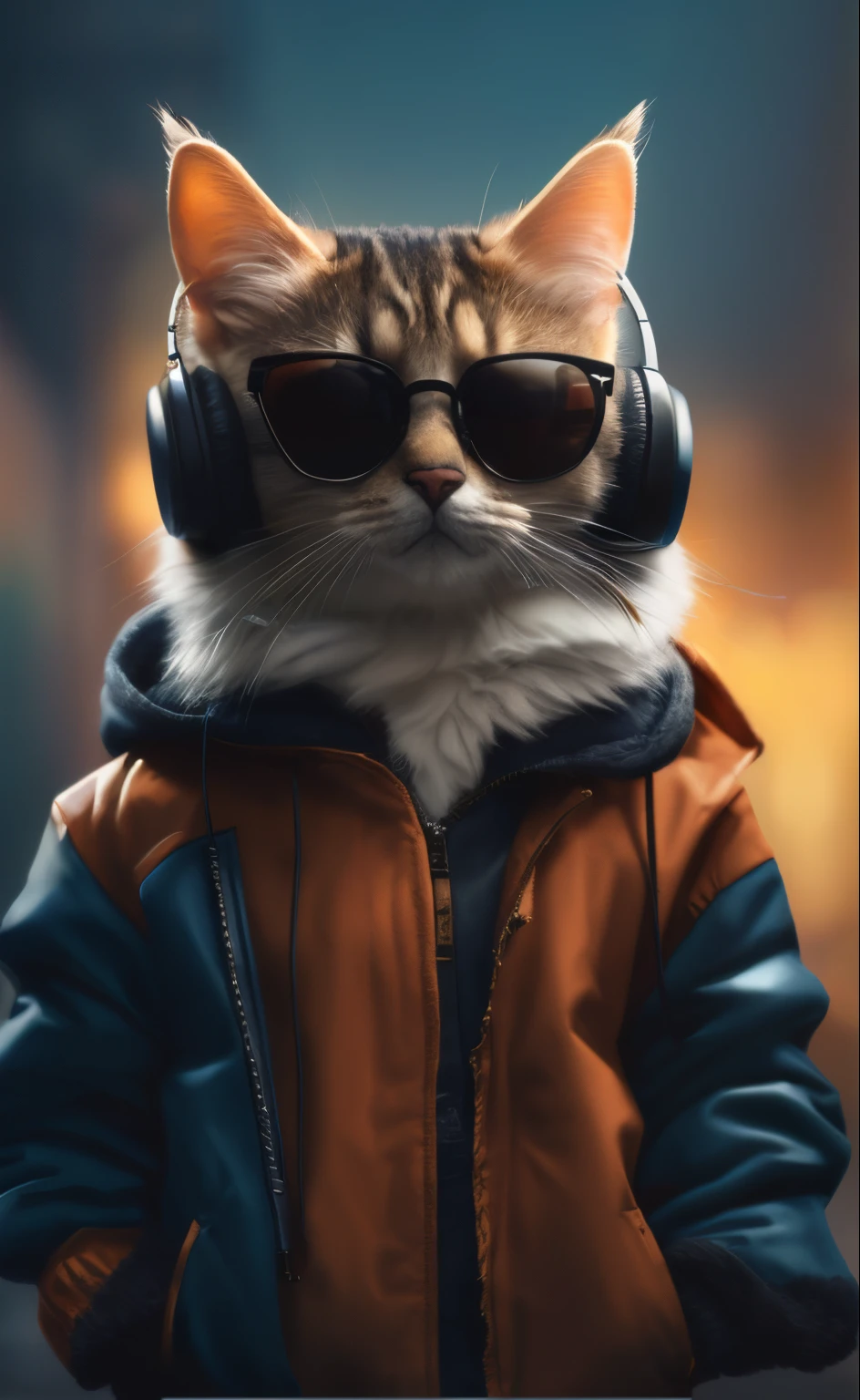 husband wearing sunglasses、jaket、Hoodie and headphones, Looks cool and stylish, Beast in fashionable clothes, cyberpunk cat, great cat, furry artist, Wearing cat ear headphones, High-quality portraits, Furry cat, high-quality wallpaper, lofi portrait, Human cats, Portrait shooting, Portrait of a furry person, Everyday attire,16K resolution