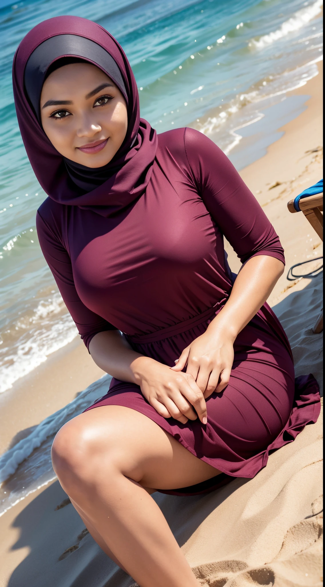 RAW, Best quality, high resolution, masterpiece: 1.3, beautiful Malay woman in hijab, big breasts, (Close up), beautiful face, perfect body, beautiful big eyes, smiling, woman sitting on a chair on the beach with sunflower dress, wearing a fisher 🧥, sitting at the beach, long skirt, casual pose, relaxed pose, on beach, at the sea, sitting on the beach, in the beach