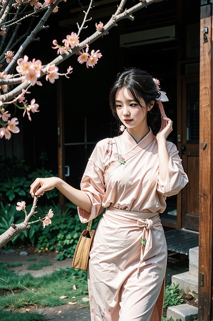 traditional chinese style, (Peach blossoms Blooming:1.4), petals falling, (wide shot, wide-angle lens, Panoramic:1.2), 1girl, art direction of a character in traditional oriental costume, swirling vortexes, ethereal cloudscapes, octane render, enhance, intricate, (best quality, masterpiece, Representative work, official art, Professional, unity 8k wallpaper:1.3)