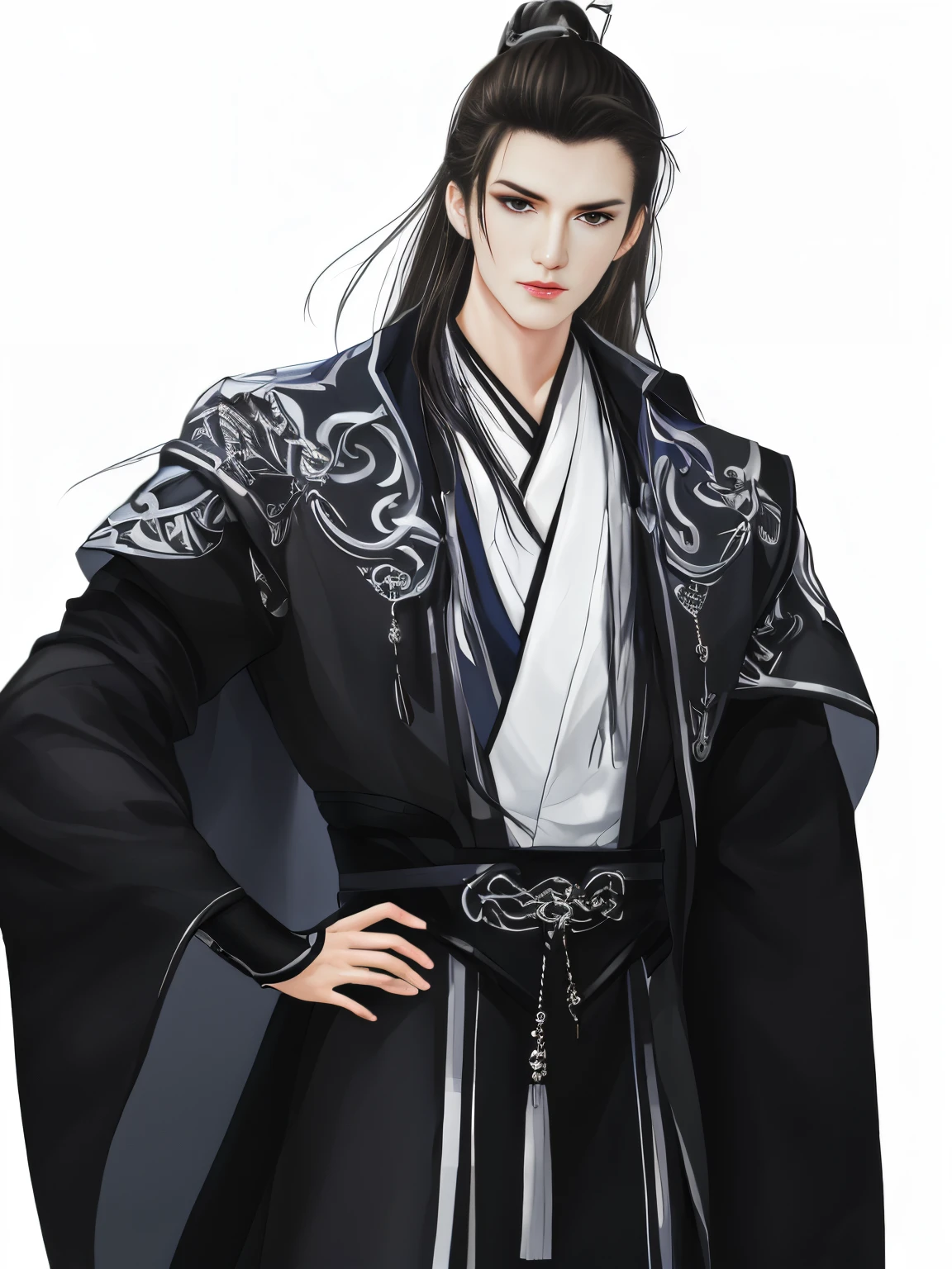 Best quality at best,tmasterpiece,very detailed wallpaper,1 domineering man,cabelos preto and longolackn clothes,Ranger,Detailed faces,Hua looked at the audience,Hanfu,超高分辨率, white backgrounid,correct hand,fix the hand