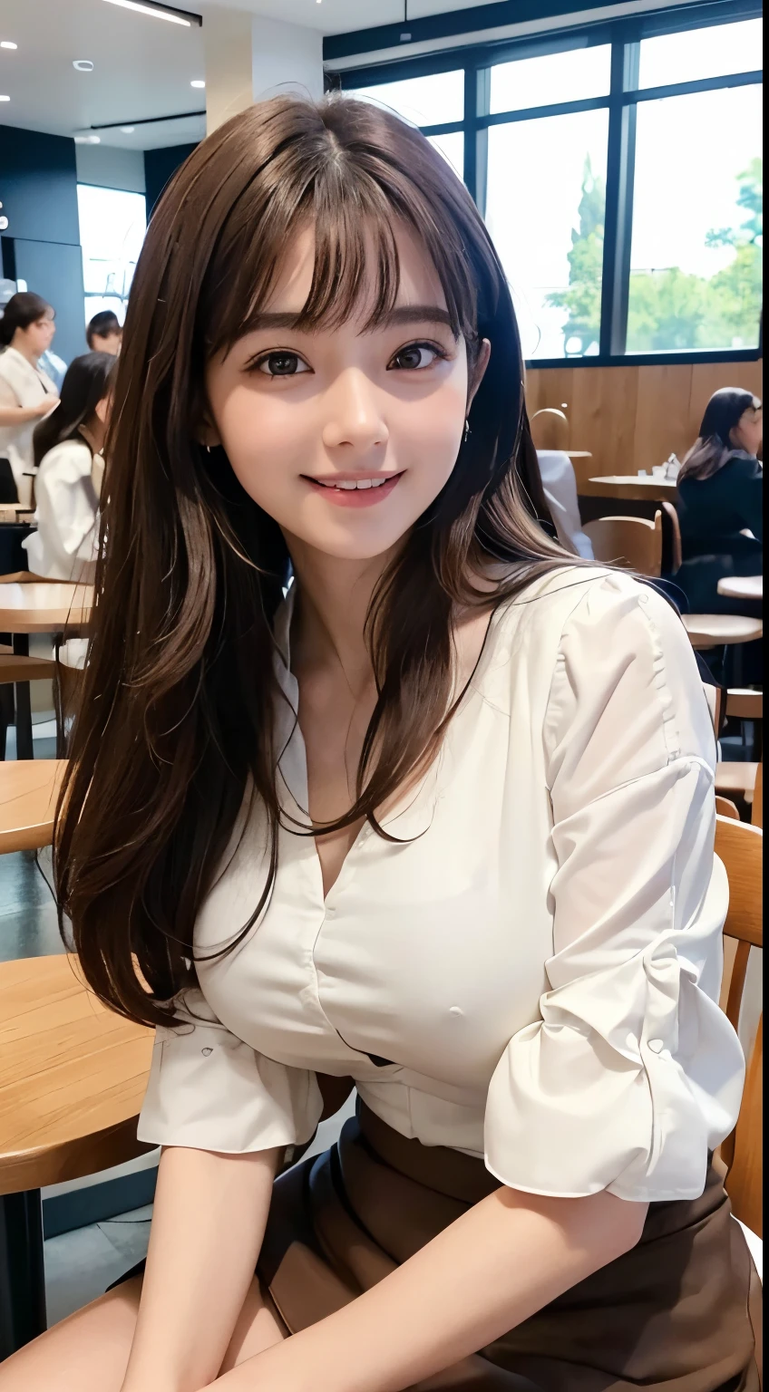 ((masutepiece, Best Quality)), ((hight resolution)), (photos realistic), Best Shadow, high detailing, Very detailed, (nice hand, Perfect hands), (Face Focus:1.2), ((1girl in)), Beautiful Girl, 18 years old, Brown eyes, (brown Long Hair:1.5), (Big breasts:1.3), (Smile:1.3), Glossy white skin, (view from front:1.3), (Very slender:1.3), (Cute face:1.3), (look at viewer:1.4), detailed facial features,droopy eyes, Crisp focus, perfect beautiful body and face, Cute childish face, Perfectly focused, (white blouse:1.3), Long bangs, (sitting on the chair:1.4), (in the cafe:1.4), (midnight:1.3), (black mini skirt), cleavage