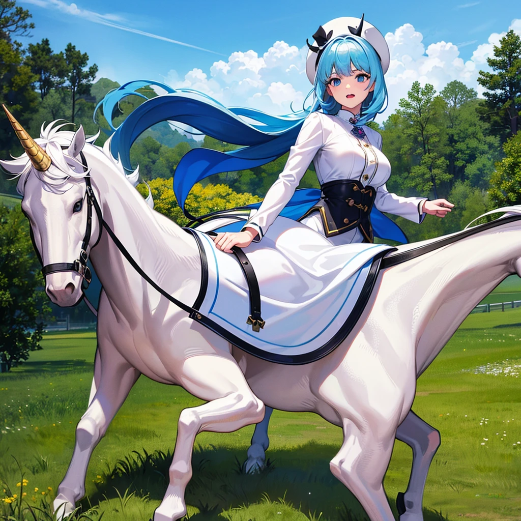 (best quality,4k,8k,highres,masterpiece:1.2),ultra-detailed,(realistic,photorealistic,photo-realistic:1.37),a young woman,excited and crazy atmosphere,jockey,
She is riding a white unicorn with sky blue hair:1.have 4, 
She is wearing a colorful horse rider costume and a rider hat:1.4, 
A lot of spectators, strong wind speed and grass effect.