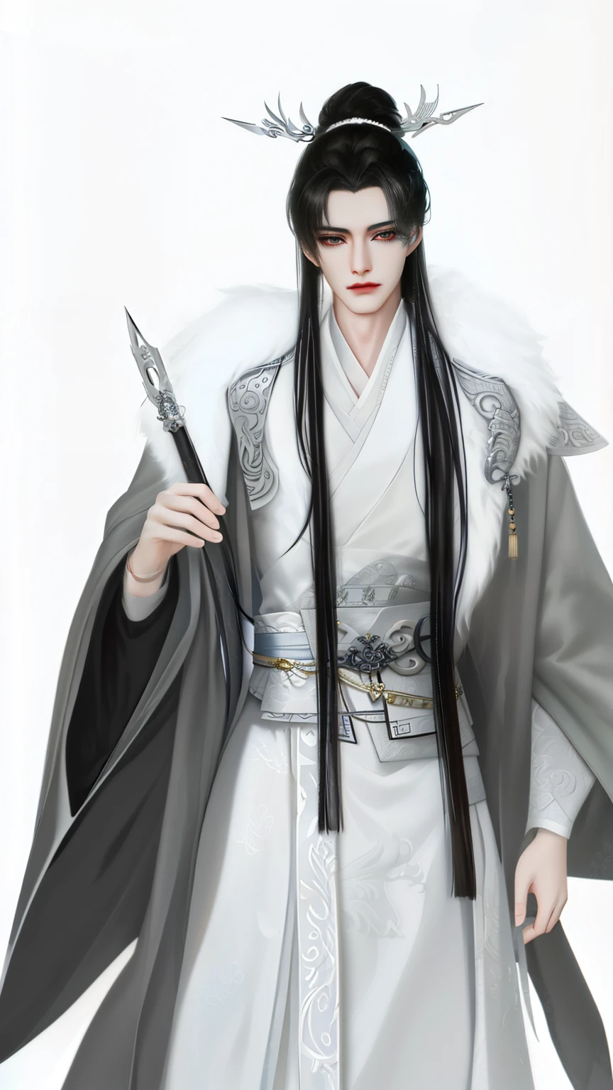 Wallpaper of a man wearing white and gray clothes, heise jinyao, inspired by Guan Daosheng, Inspired by Bian Shoumin, Beautiful prince, inspired by Zhang Han, The exquisite prince, inspired by Wu Bin, full body xianxia, author：heroes, zhao yun, inspired by Zhao Yuan，Gray mink collar，Eye focus，sharp look，white backgrounid，