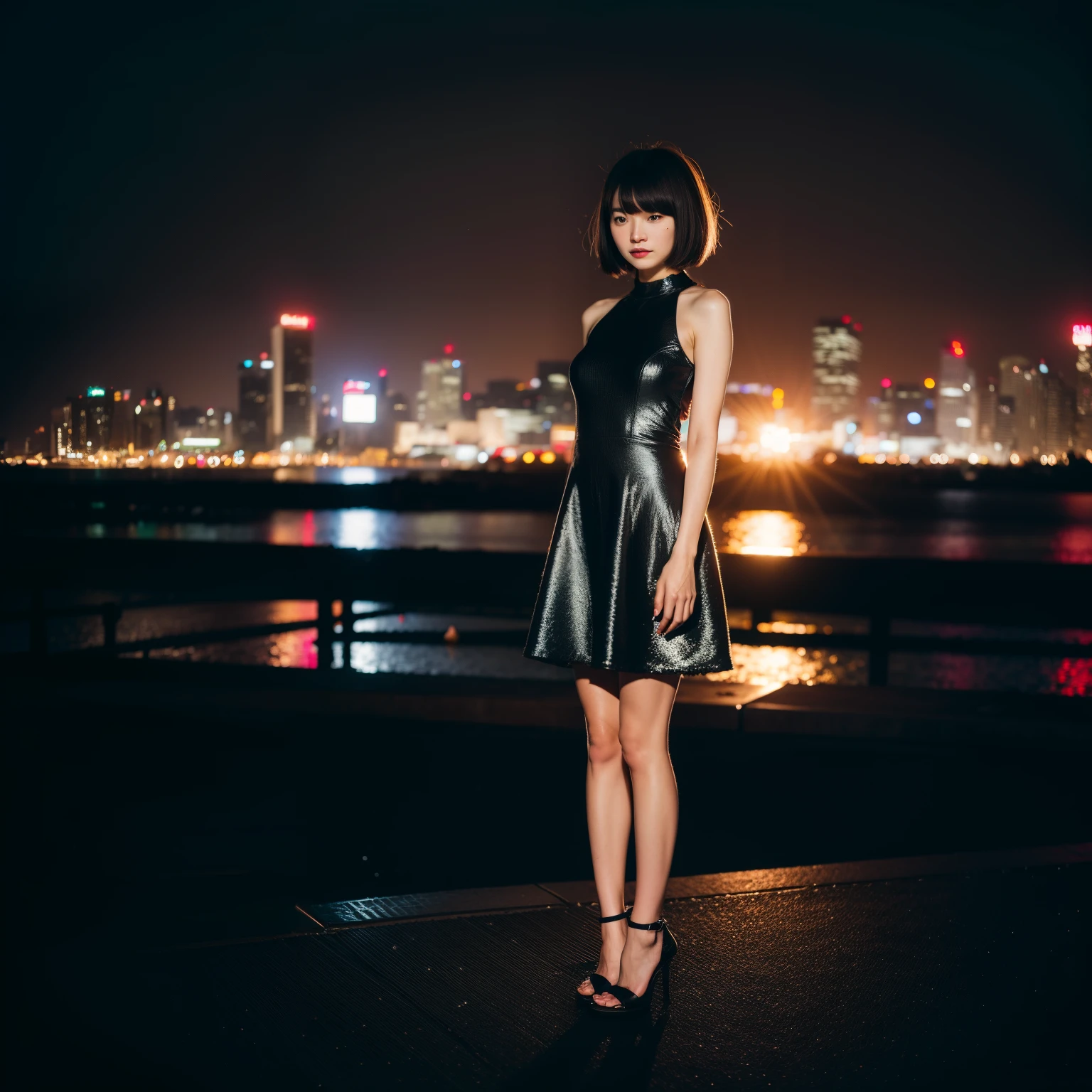 8k,4k,intricate details, RAW photo, ultra realistic,best quality,masterpiece,ultra detailed,high resolution,ayano omoto, 1girl,solo, outdoors,beach background, bob cut hair, shiny,tight long black dress,night city,slender,show high heels