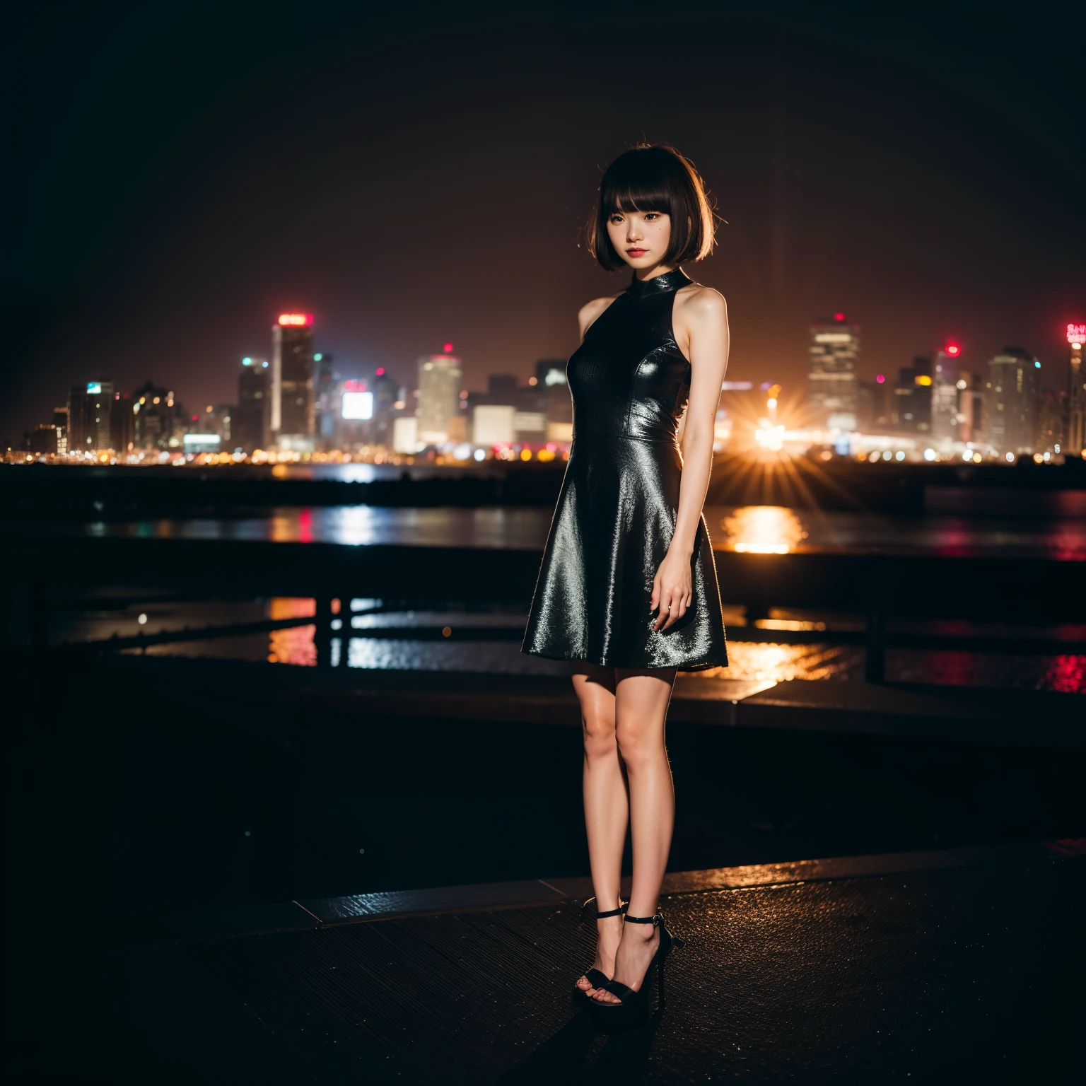 8k,4k,intricate details, RAW photo, ultra realistic,best quality,masterpiece,ultra detailed,high resolution,ayano omoto, 1girl,solo, outdoors,beach background, bob cut hair, shiny,tight long black dress,night city,slender,show high heels