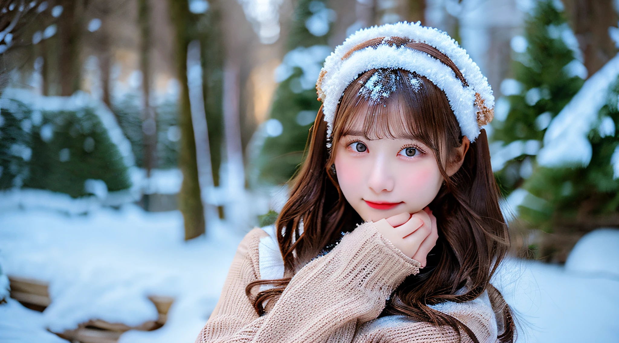 Cute lace queen 18 years old wearing a brown miniskirt、 Snow in the background